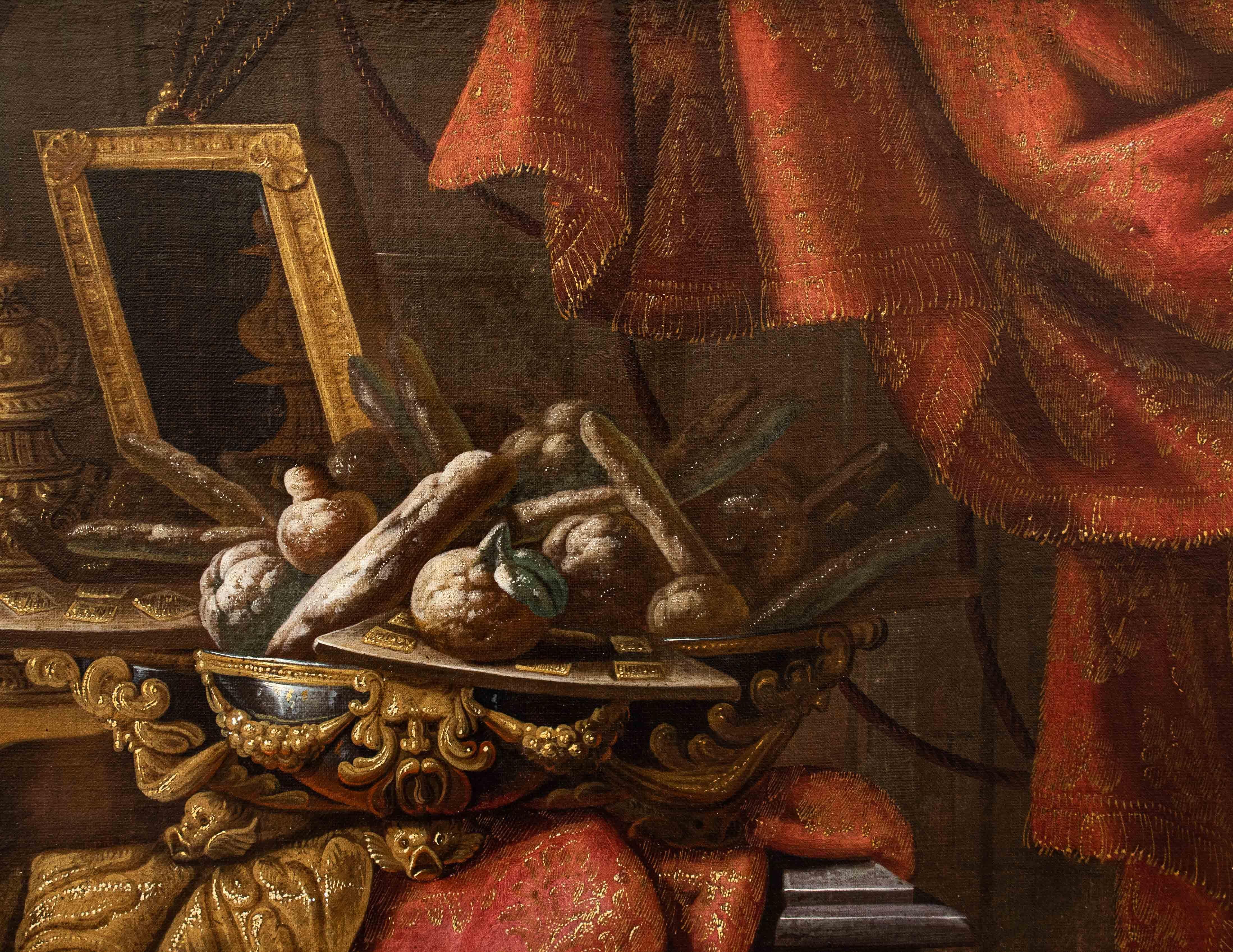 Antonio Tibaldi llamado el Conde (Roma, 1633 - documentado hasta 1675)

Bodegón con instrumentos musicales, partituras y soporte para tartas

Óleo sobre lienzo, 120 x 169 cm

Marco, 132 x 181,5 cm

Este bodegón con instrumentos musicales, espejo