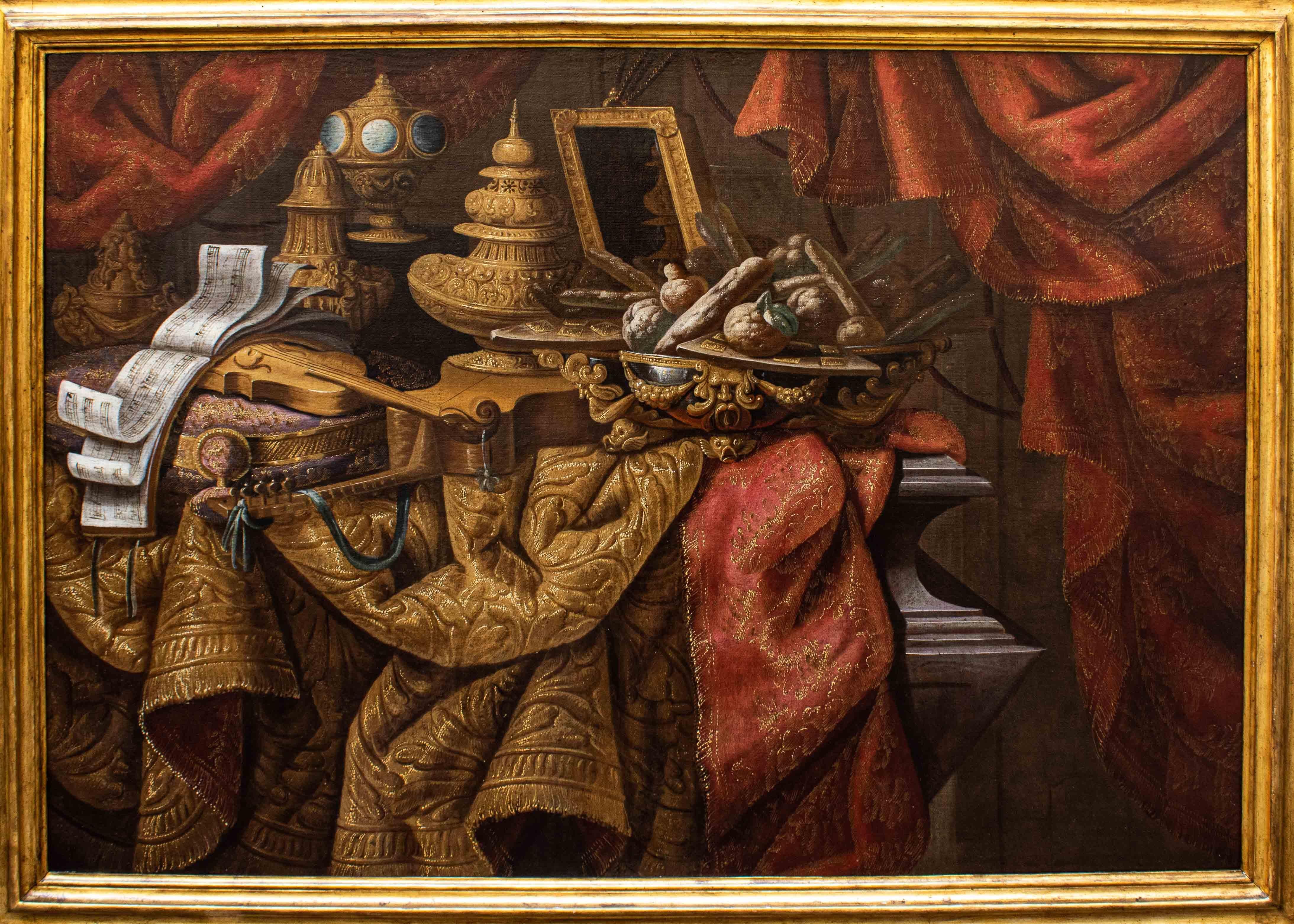 Antonio Tibaldi Figurative Painting – Stilleben mit Musikinstrumenten Ölgemälde auf Leinwand Antonio TIbaldi