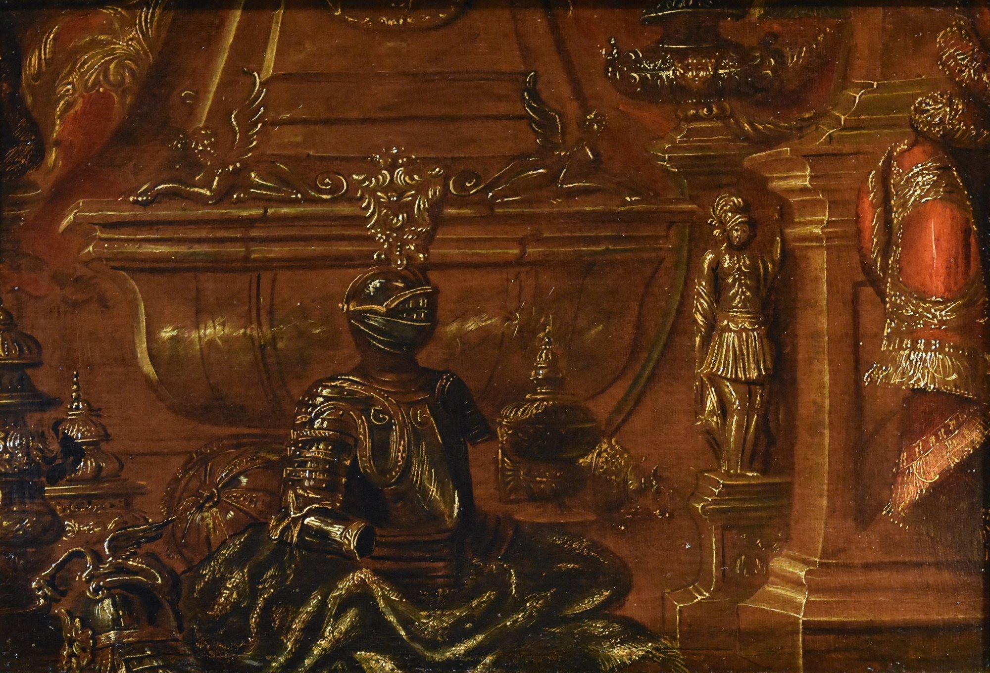 Stillleben Wappenverkleidungen-Skulptur Tibaldi 17. Jahrhundert Gemälde Öl auf Leinwand (Alte Meister), Painting, von Antonio Tibaldi (Rome, 1635 - 1675)