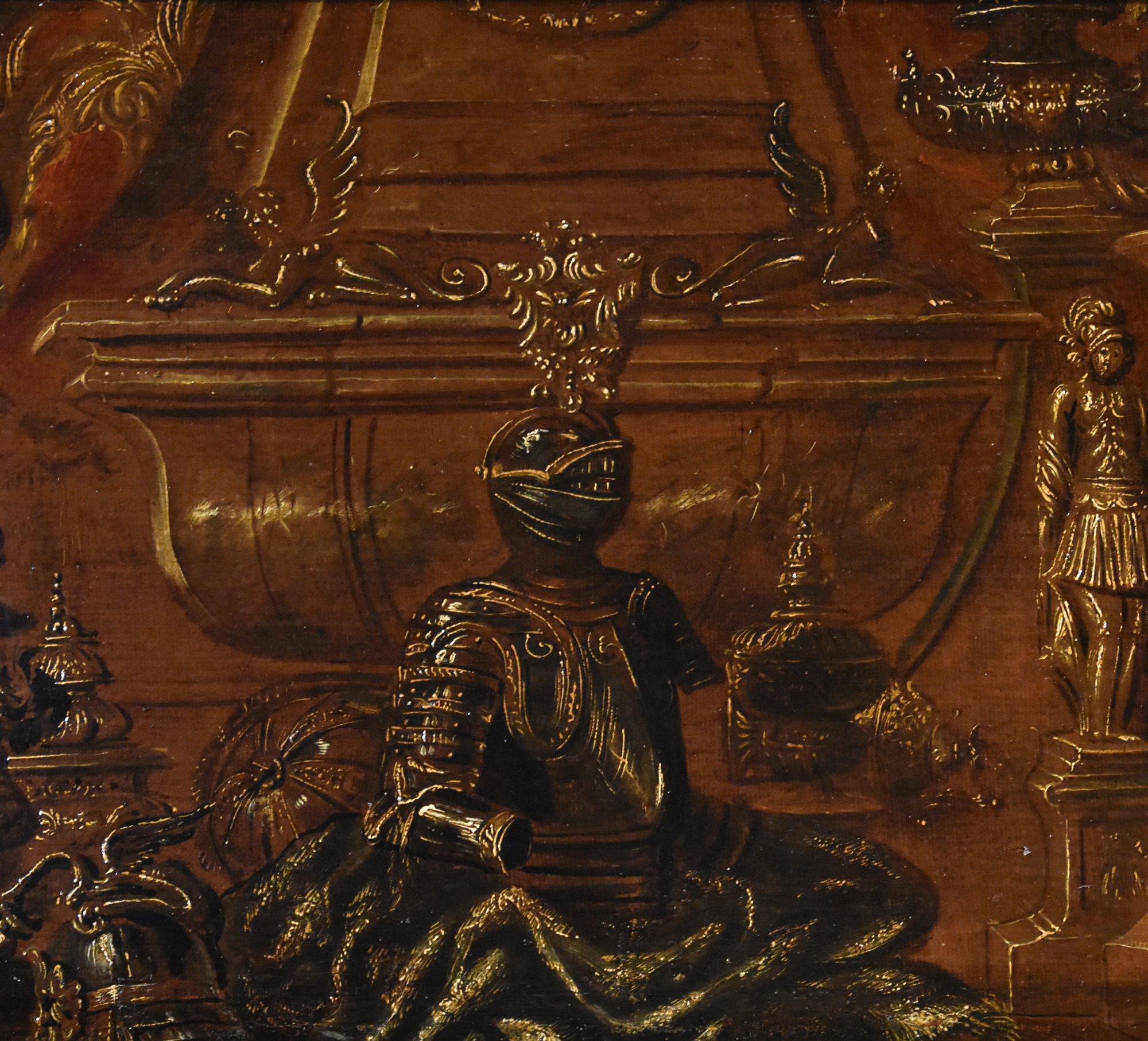 Antonio Tibaldi (Rom, ca. 1635 - nach 1675) Werkstatt von
Stillleben mit Rüstung, Vorhängen und Skulptur

Öl auf Leinwand
53 x 77 cm. - im Rahmen 65 x 89 cm.

Wunderschönes szenisches Gemälde, das ein Stillleben zeigt, das aus einer opulenten