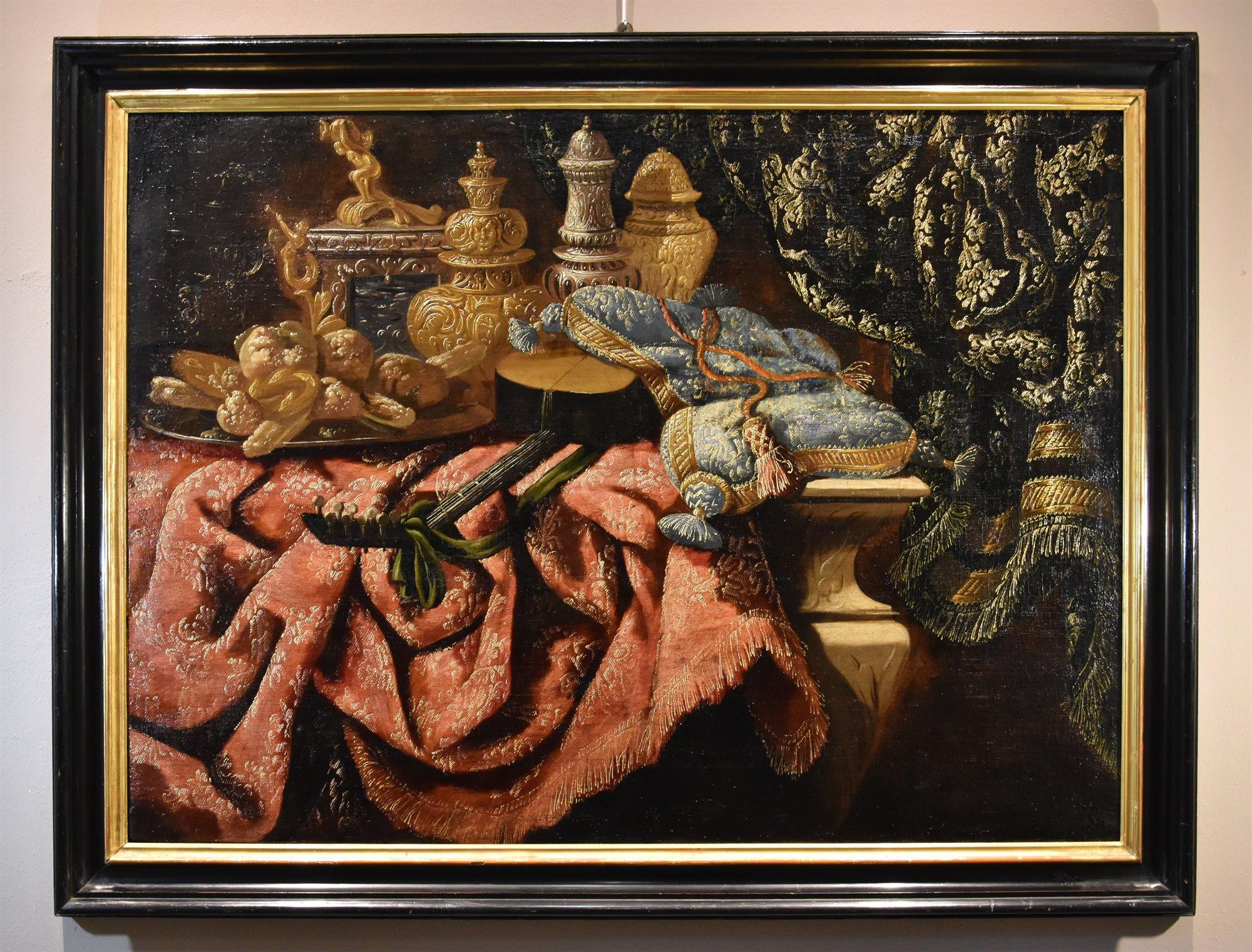 Still-Leben Teppich Tibaldi Gemälde 17. Jahrhundert Öl auf Leinwand Alter Meister Italien (Alte Meister), Painting, von Antonio Tibaldi (Rome, c. 1633 - c. 1684) 