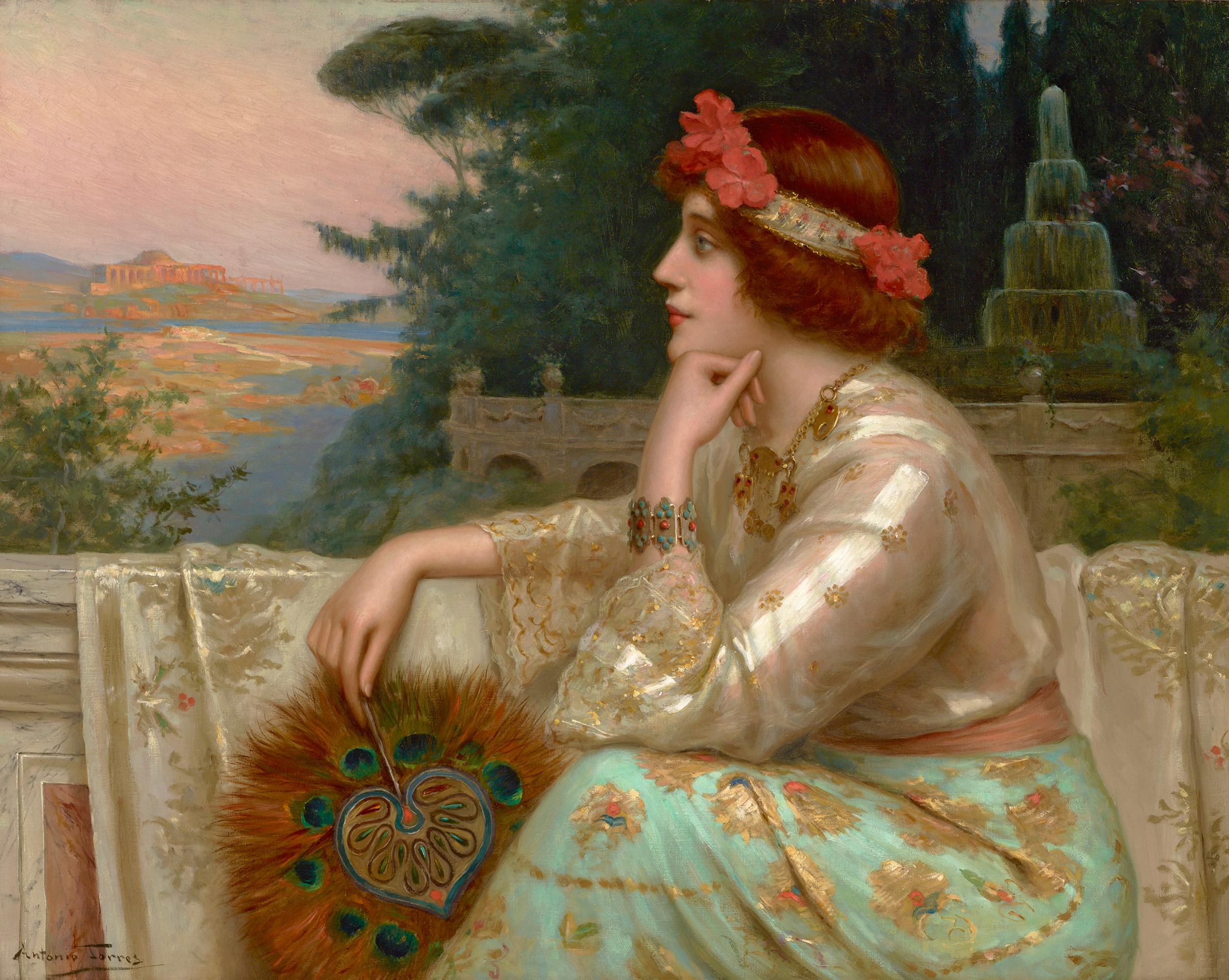 Antonio Torres Fuster
1847-1945  Spanisch

Auf der Terrasse

Signiert "Antonio Torres" (unten links)
Öl auf Leinwand

Antonio Torres Fuster bringt die Kunstfertigkeit und den Geist der Präraffaeliten in diesem beeindruckenden Ölgemälde auf Leinwand