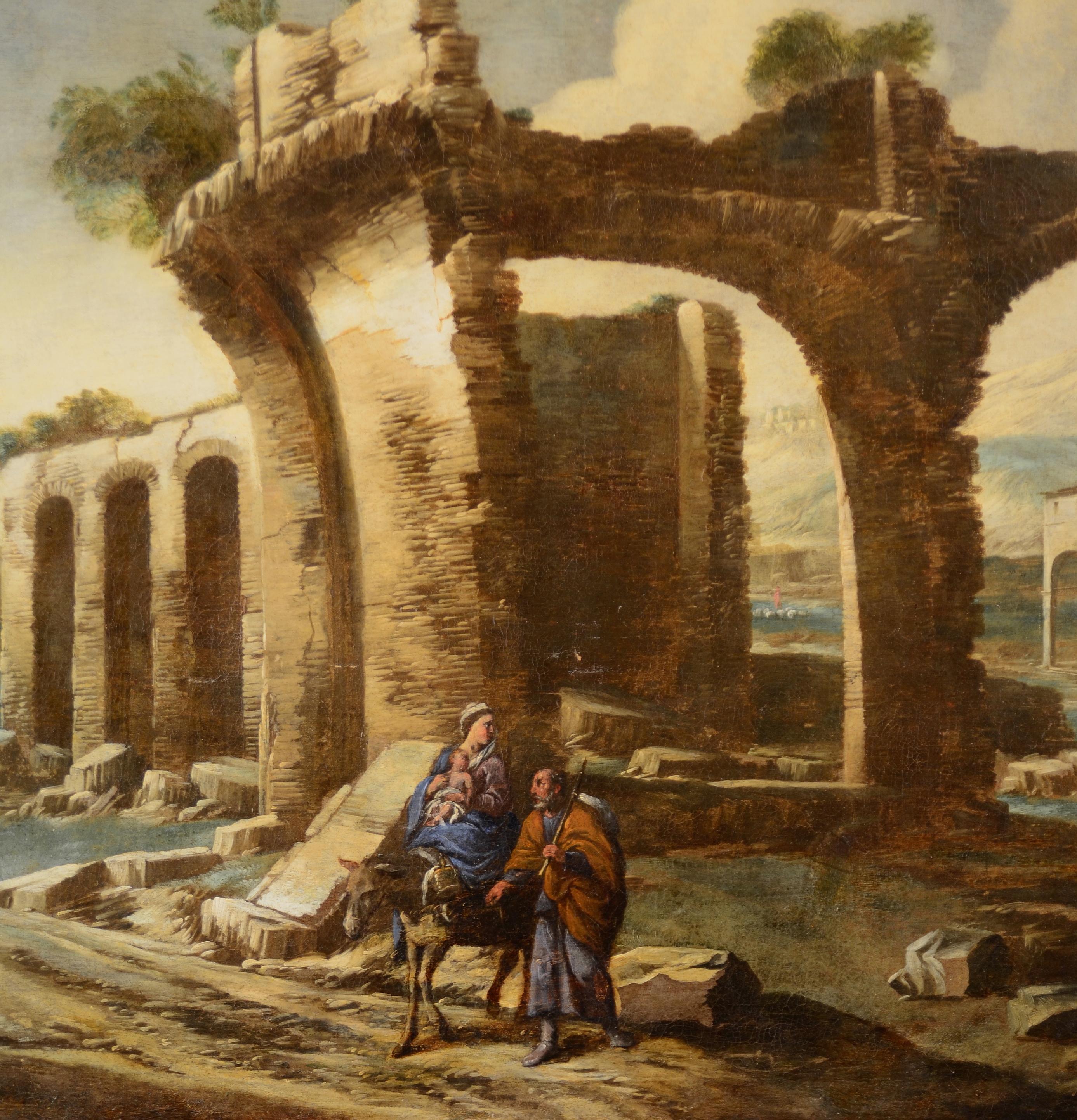 Peinture de paysage à l'huile sur toile Italie 17ème siècle de qualité Grand maître Sainte famille  en vente 9