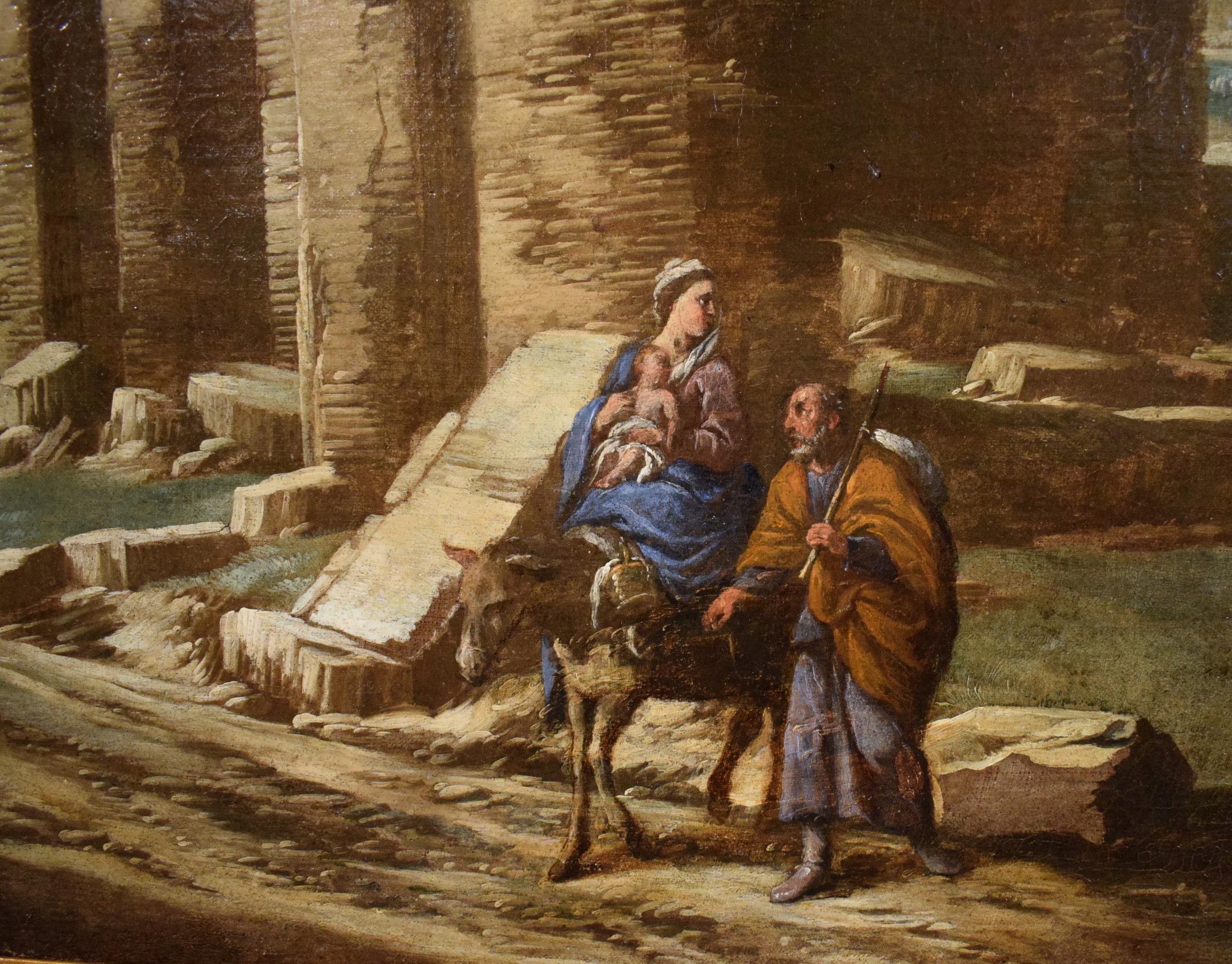 Paesaggio dipinto Olio su tela Italia 17° secolo Qualità Vecchio maestro Sacra famiglia in vendita 11