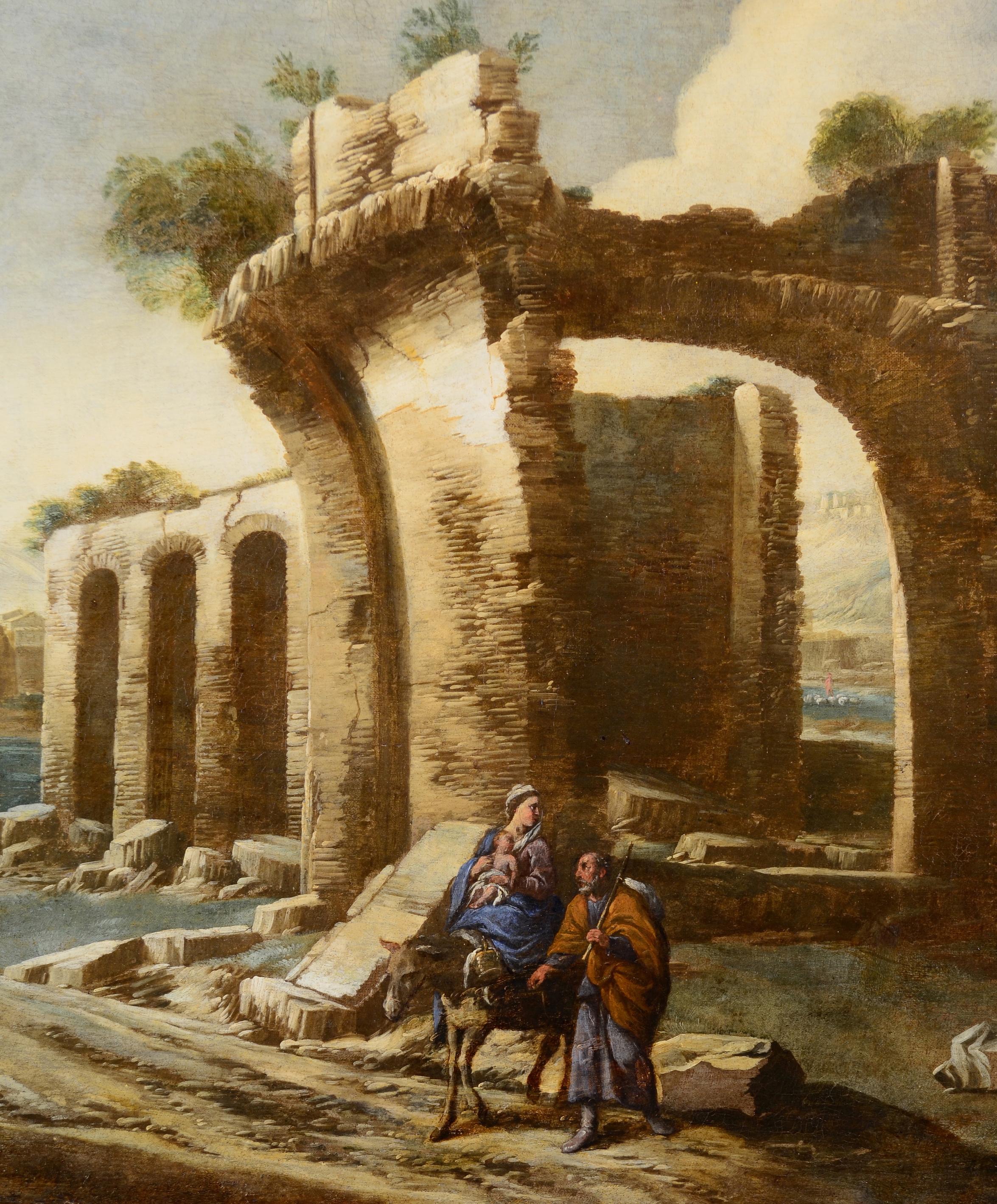 Peinture de paysage à l'huile sur toile Italie 17ème siècle de qualité Grand maître Sainte famille  en vente 1