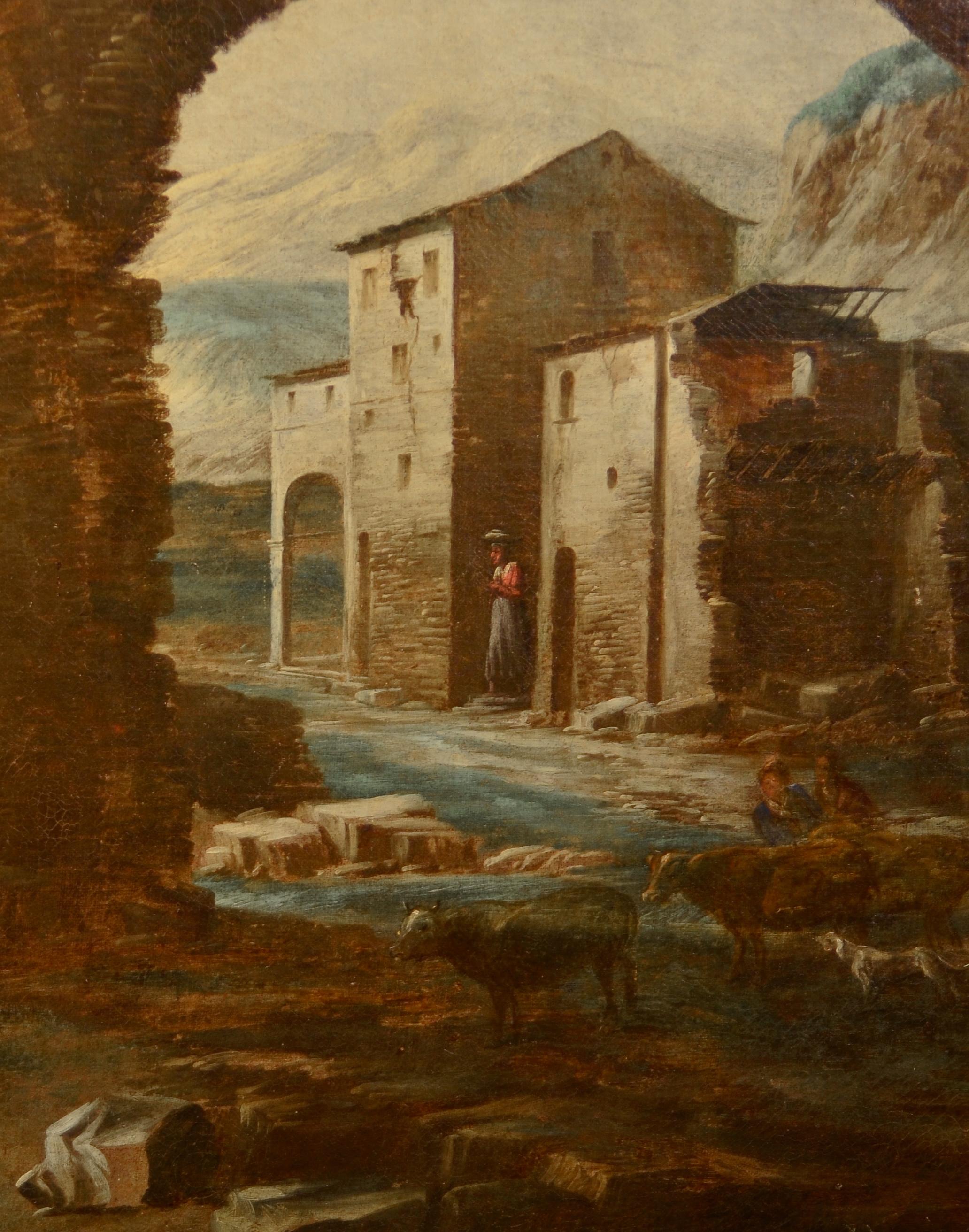 Peinture de paysage à l'huile sur toile Italie 17ème siècle de qualité Grand maître Sainte famille  en vente 3