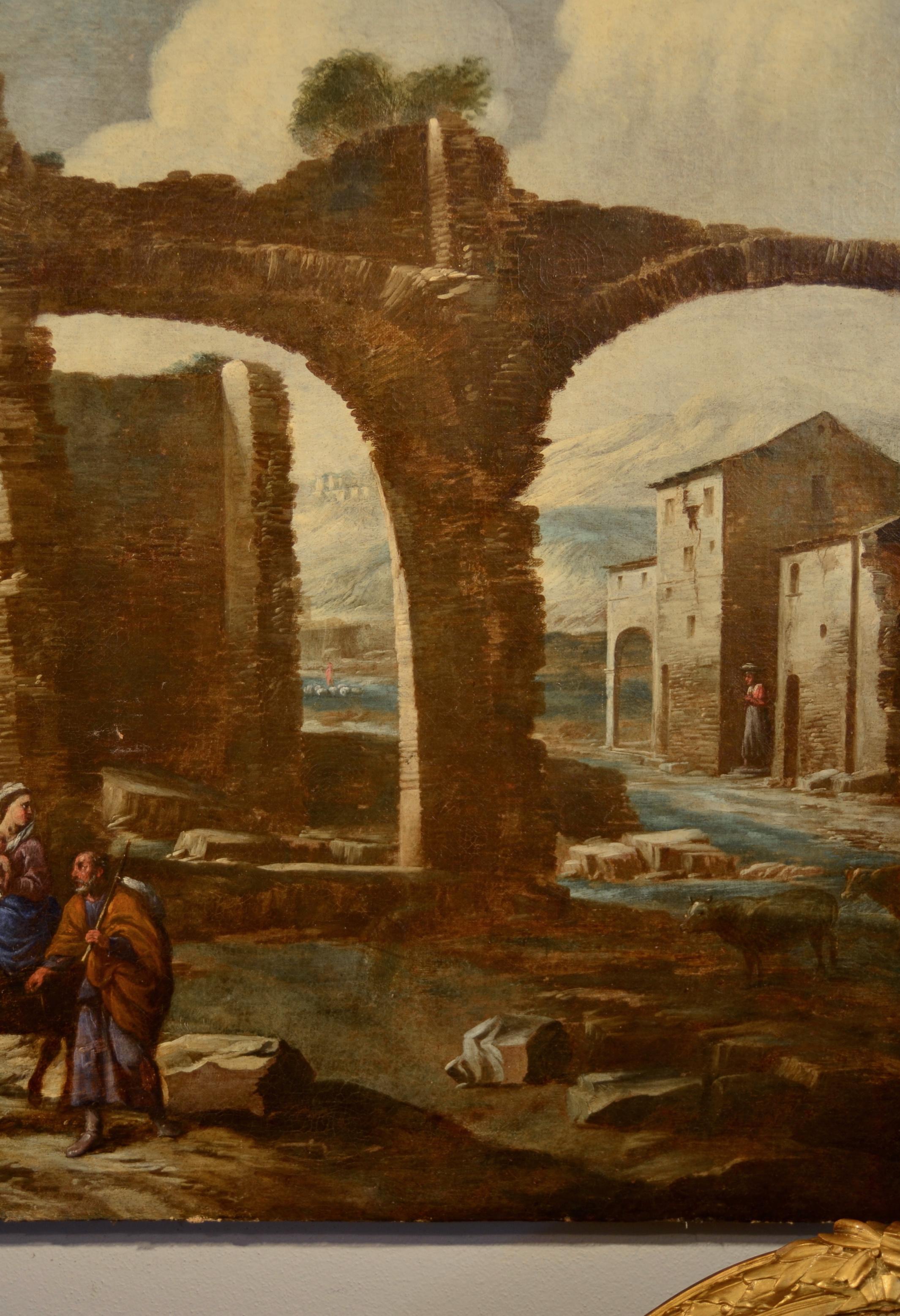 Landscape Paint Oil on canvas Italy 17th Century Quality Old master Holy family  For Sale 1