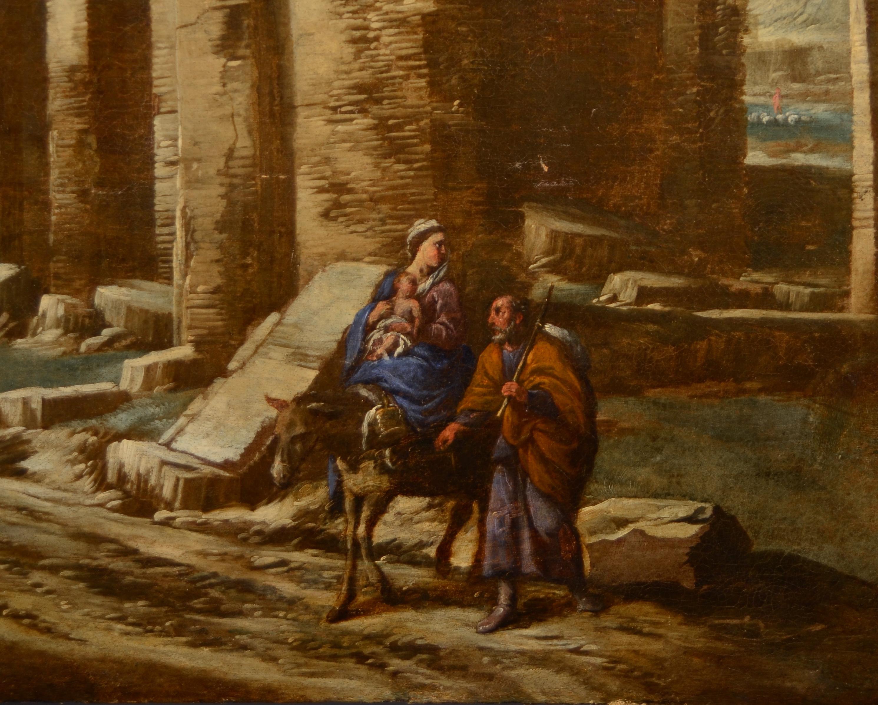 Peinture de paysage à l'huile sur toile Italie 17ème siècle de qualité Grand maître Sainte famille  en vente 5