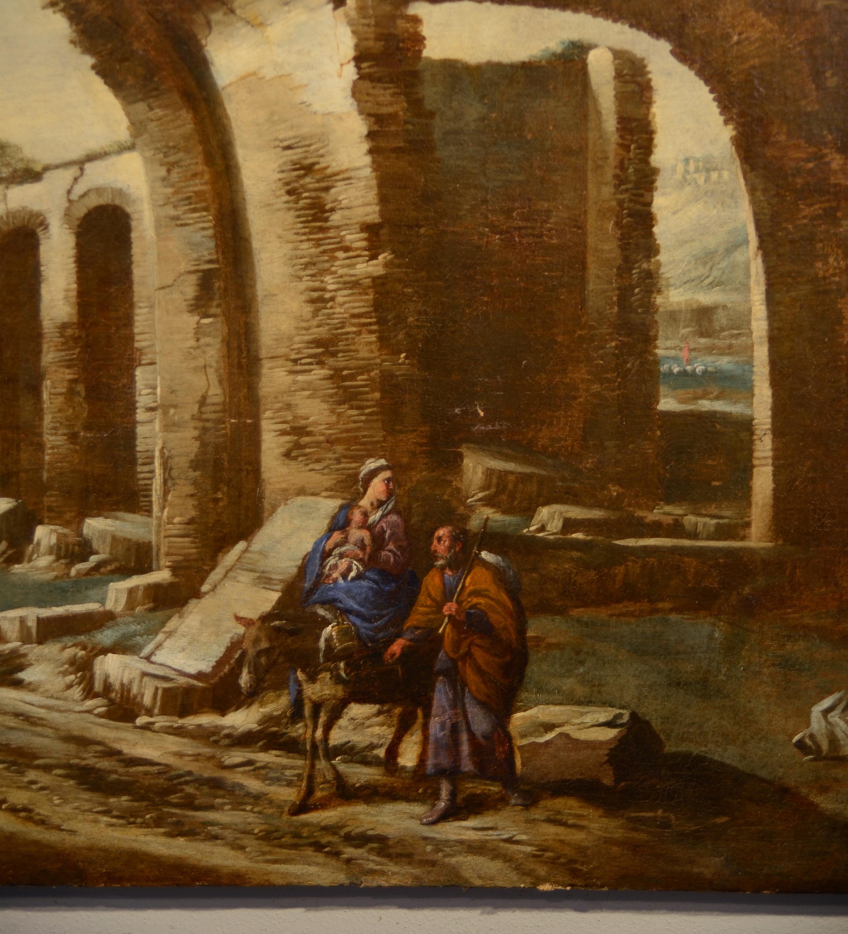 Peinture de paysage à l'huile sur toile Italie 17ème siècle de qualité Grand maître Sainte famille  en vente 6