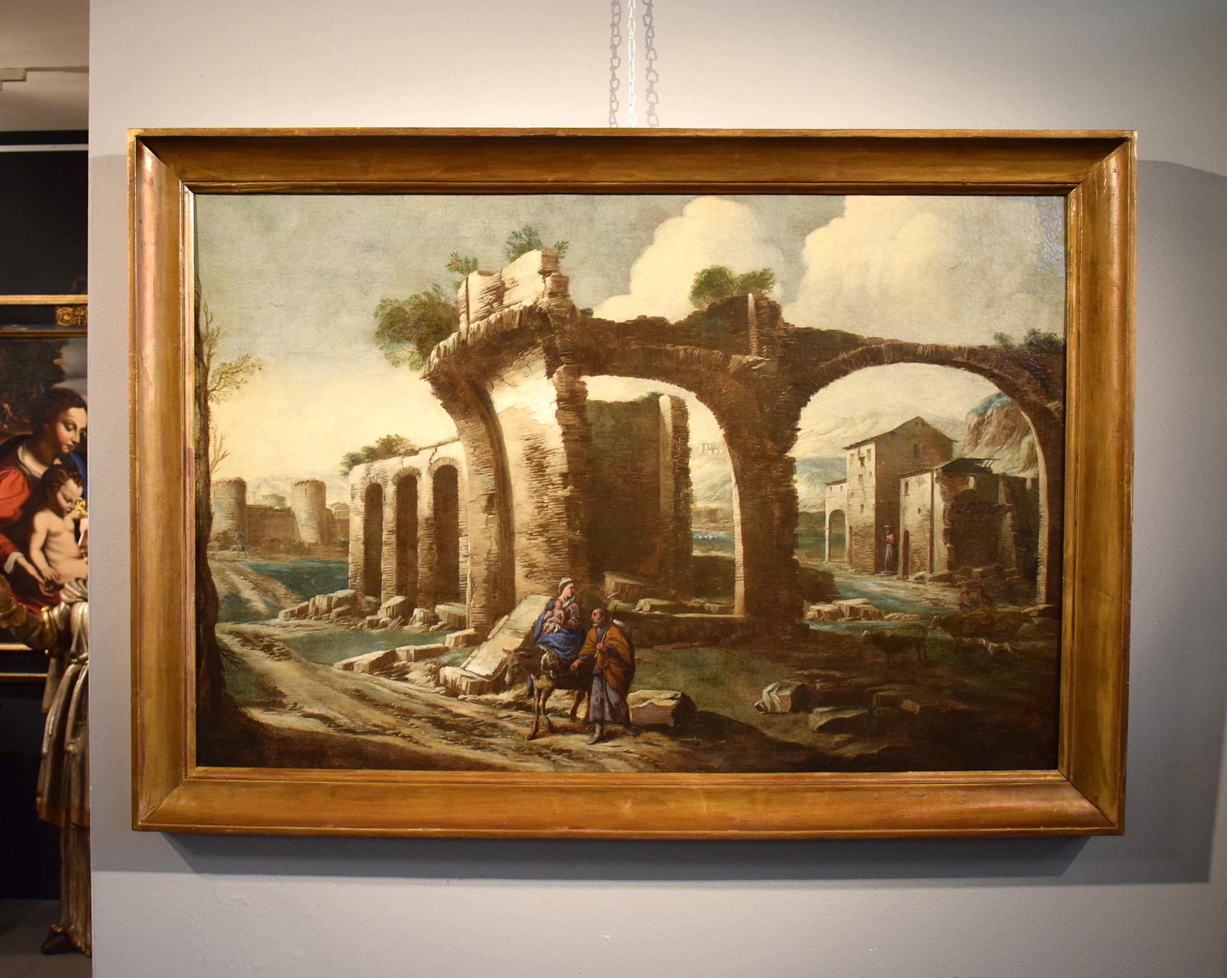Peinture de paysage à l'huile sur toile Italie 17ème siècle de qualité Grand maître Sainte famille  en vente 8