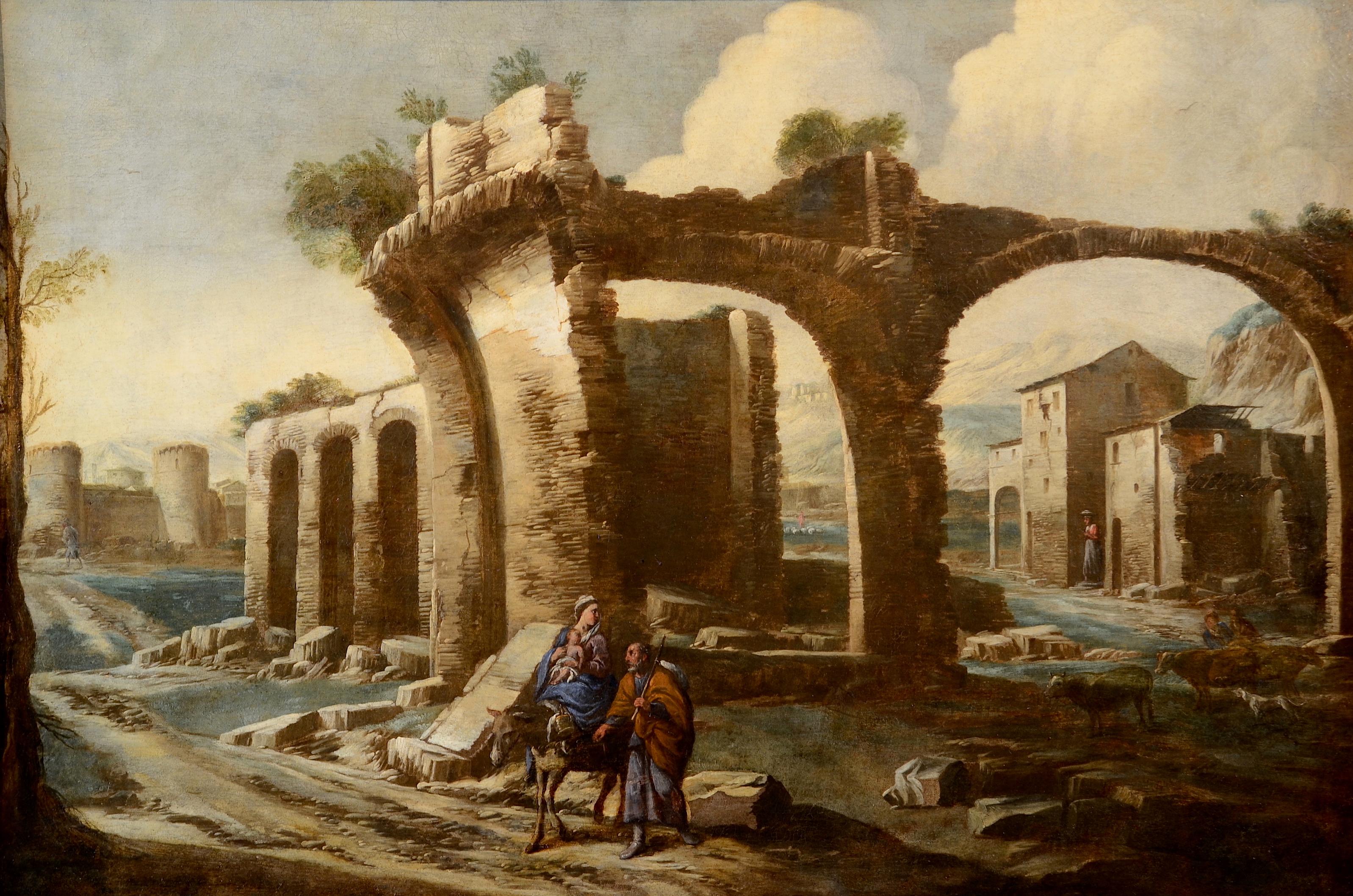 Peinture de paysage à l'huile sur toile Italie 17ème siècle de qualité Grand maître Sainte famille  - Maîtres anciens Painting par Antonio Travi