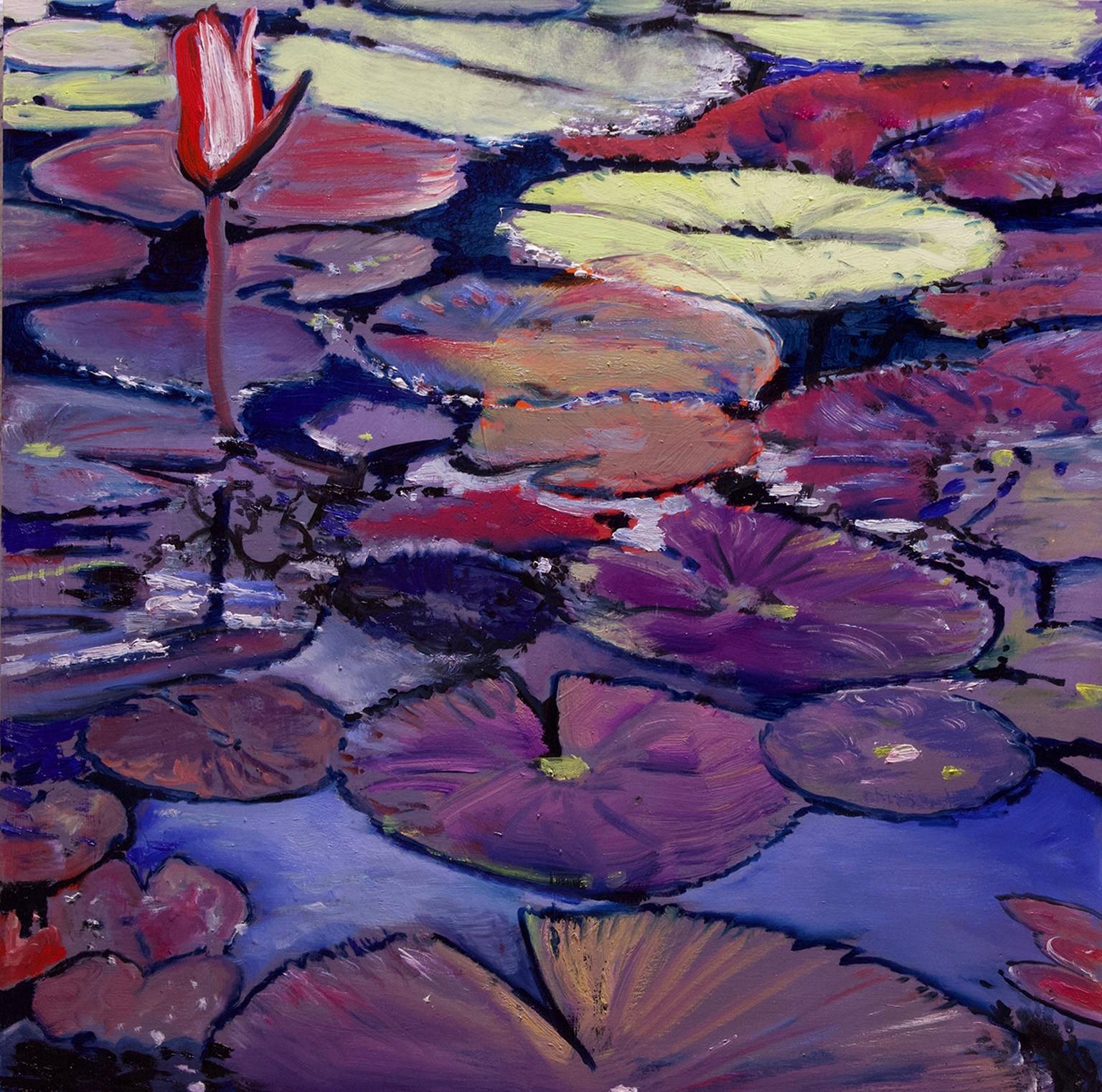 Antonio Ugarte Abstract Painting - Alexandria Pond- Purples and Yellow 36 X 36