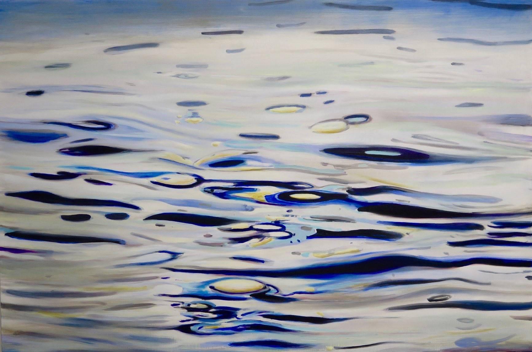 Landscape Painting Antonio Ugarte - Miami River - bleus, blancs, jaunes  48 x 60 cm