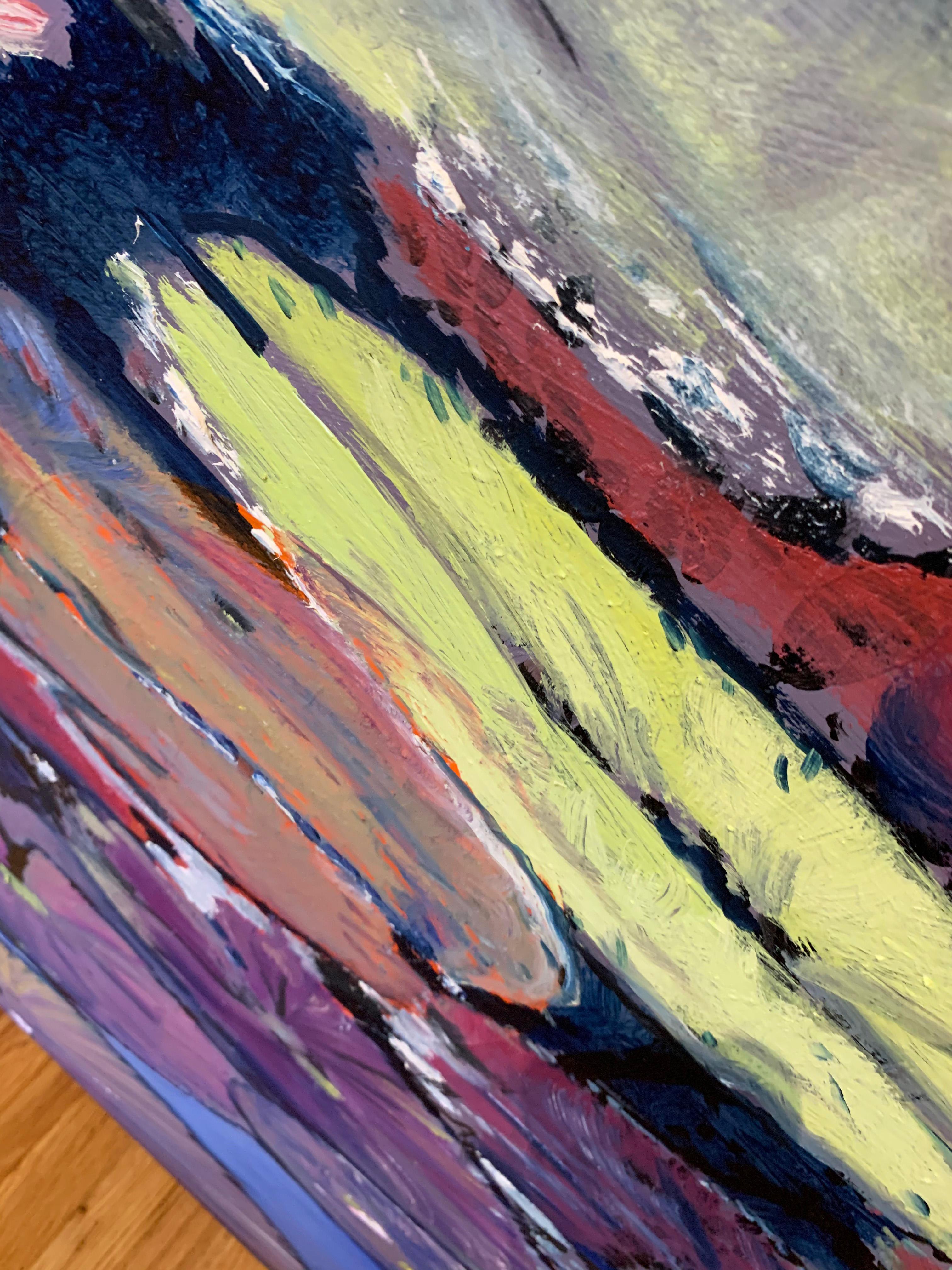 Purple Alexandria Pond- with Yellow Yellow 36 X 36 - Marron Abstract Painting par Antonio Ugarte