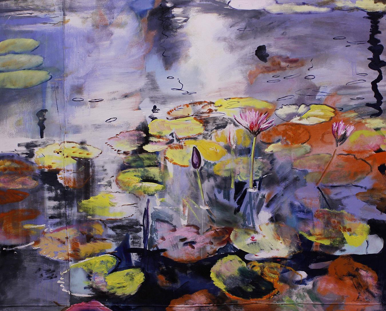 Antonio Ugarte Landscape Painting – Sewing Waterlilies- in lila Farbtönen 69 X 87
