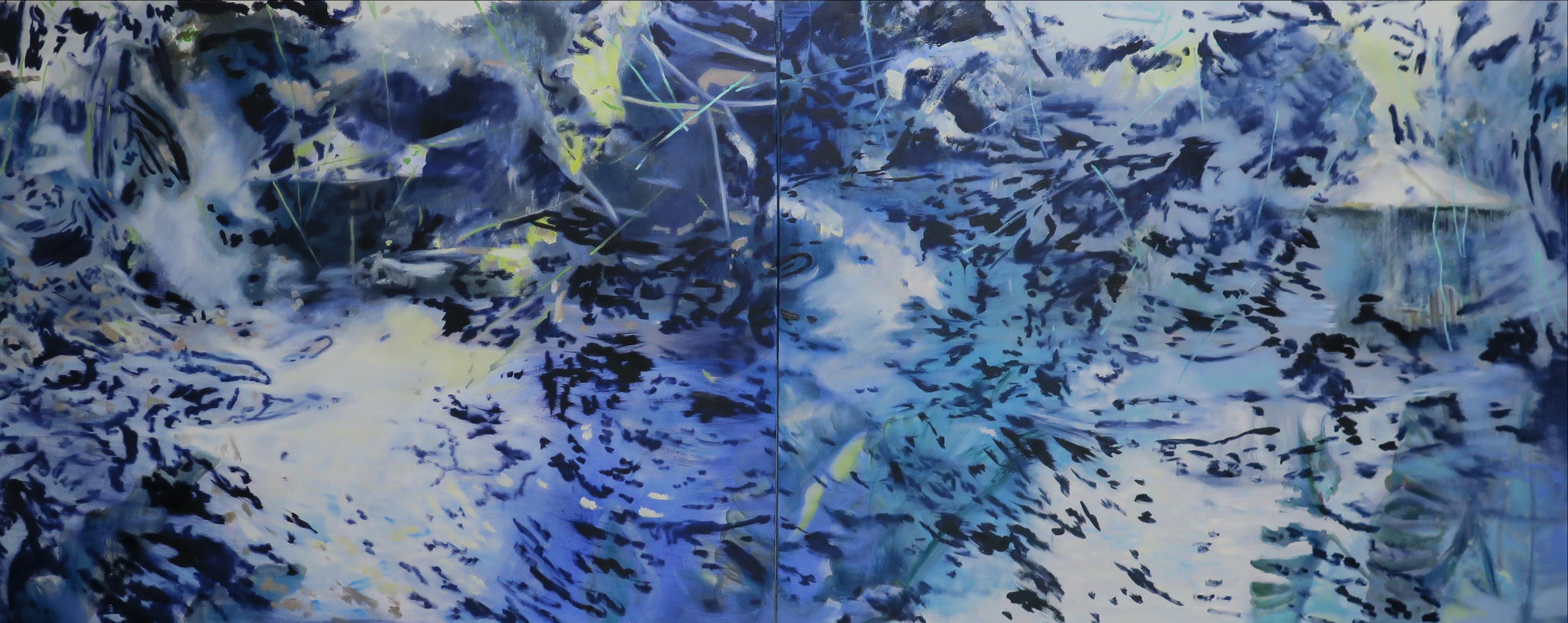 Antonio Ugarte Abstract Painting - Two Umbrellas   48 X 120 Diptych
