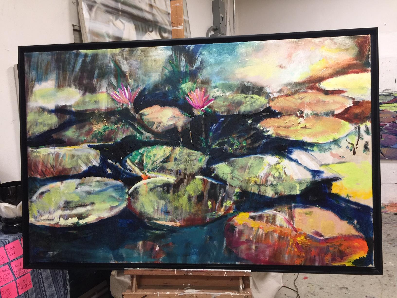 Two Water Lilies 38 X 60 - Brown Abstract Painting by Antonio Ugarte
