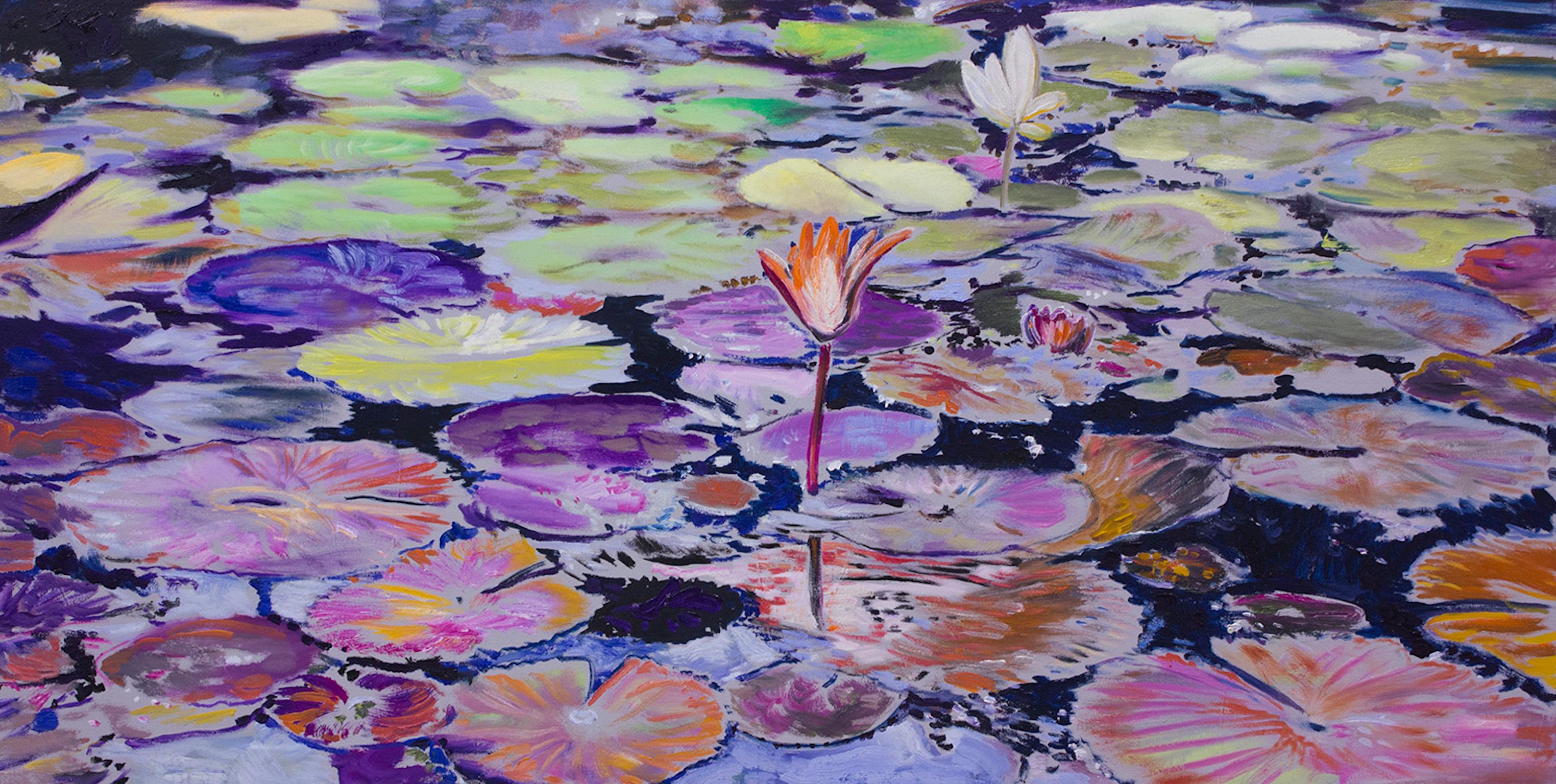 Antonio Ugarte Landscape Painting - Water Lily in Pond- Purple and Green 39 X 79
