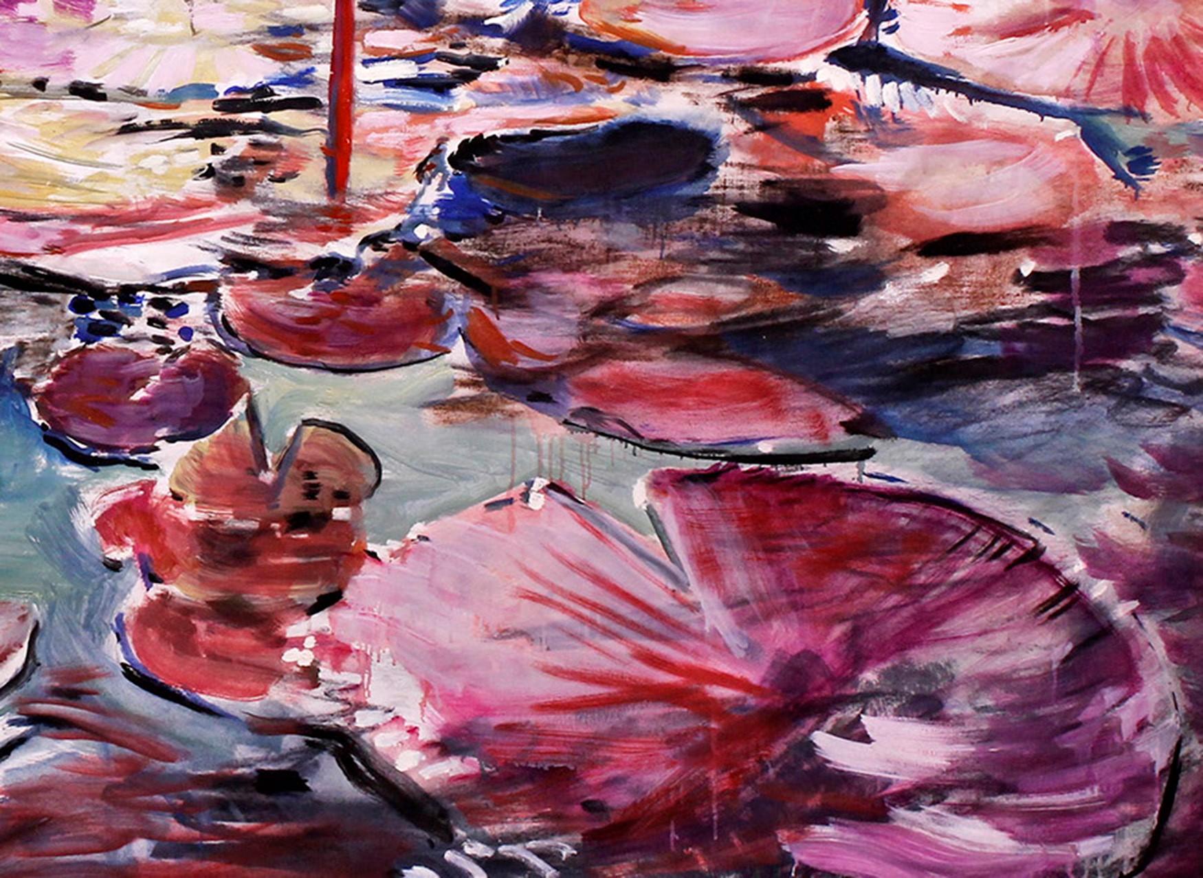Water Lily with rich reds, blues and yellow 69 X 87 - Painting by Antonio Ugarte