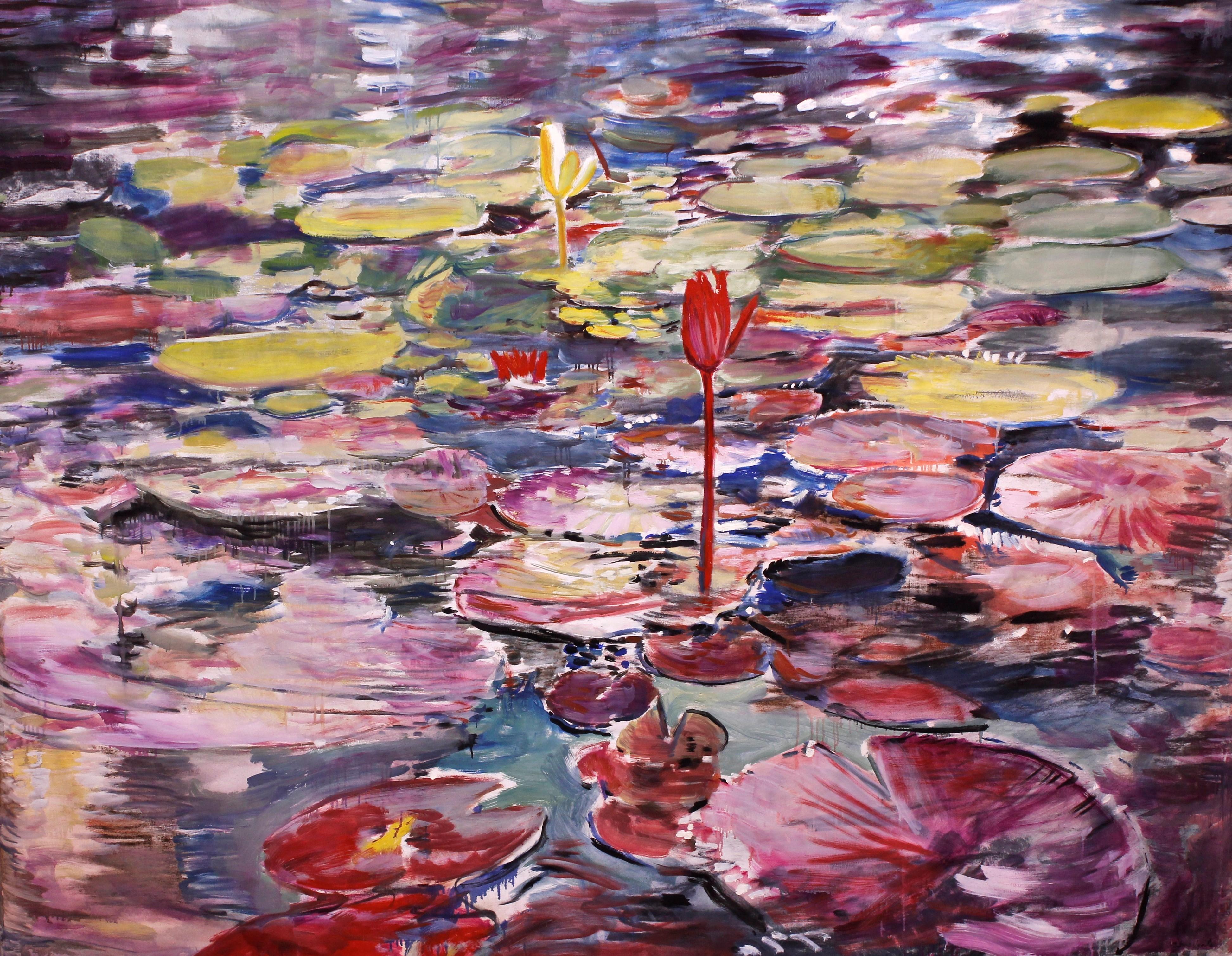 Antonio Ugarte Abstract Painting - Water Lily with rich reds, blues and yellow 69 X 87