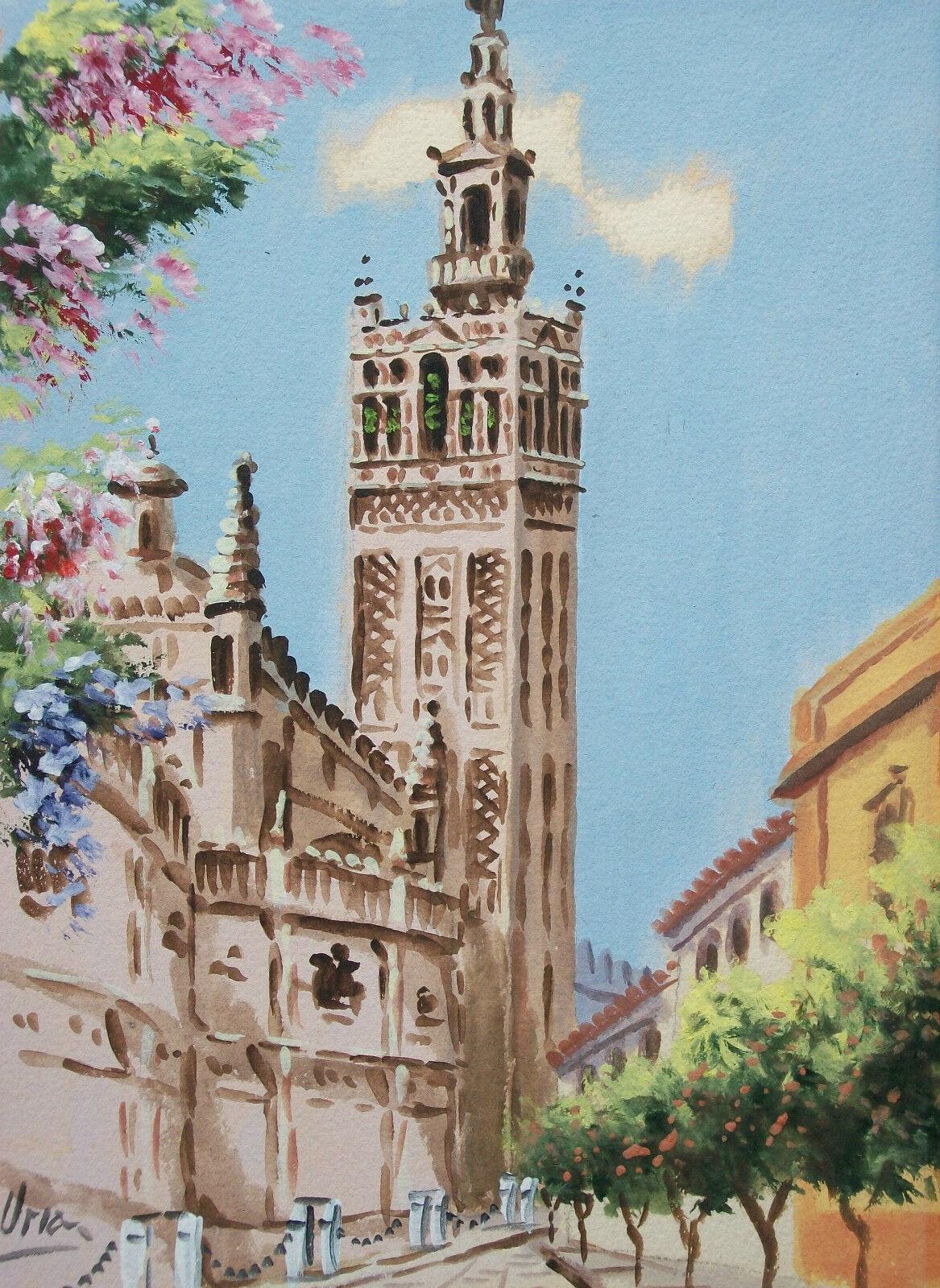 Antonio Uria Monzon (1929-1996) - 'Sevilla' - Peinture à la gouache d'époque sur papier aquarelle GVA-PRO - La cathédrale Santa María de la Sede (plus connue sous le nom de cathédrale de Séville) se détache sur un ciel bleu au printemps - belle