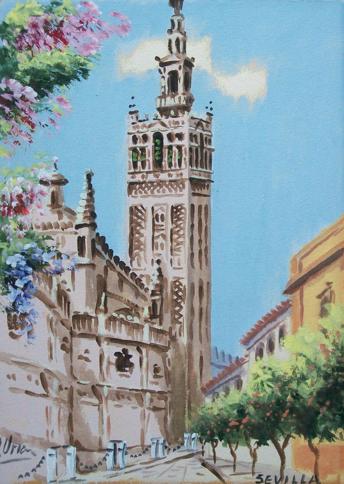 Mid-Century Modern Antonio Uria Monzon, « Sévilla », peinture à l'aquarelle, Espagne, milieu du 20e siècle en vente