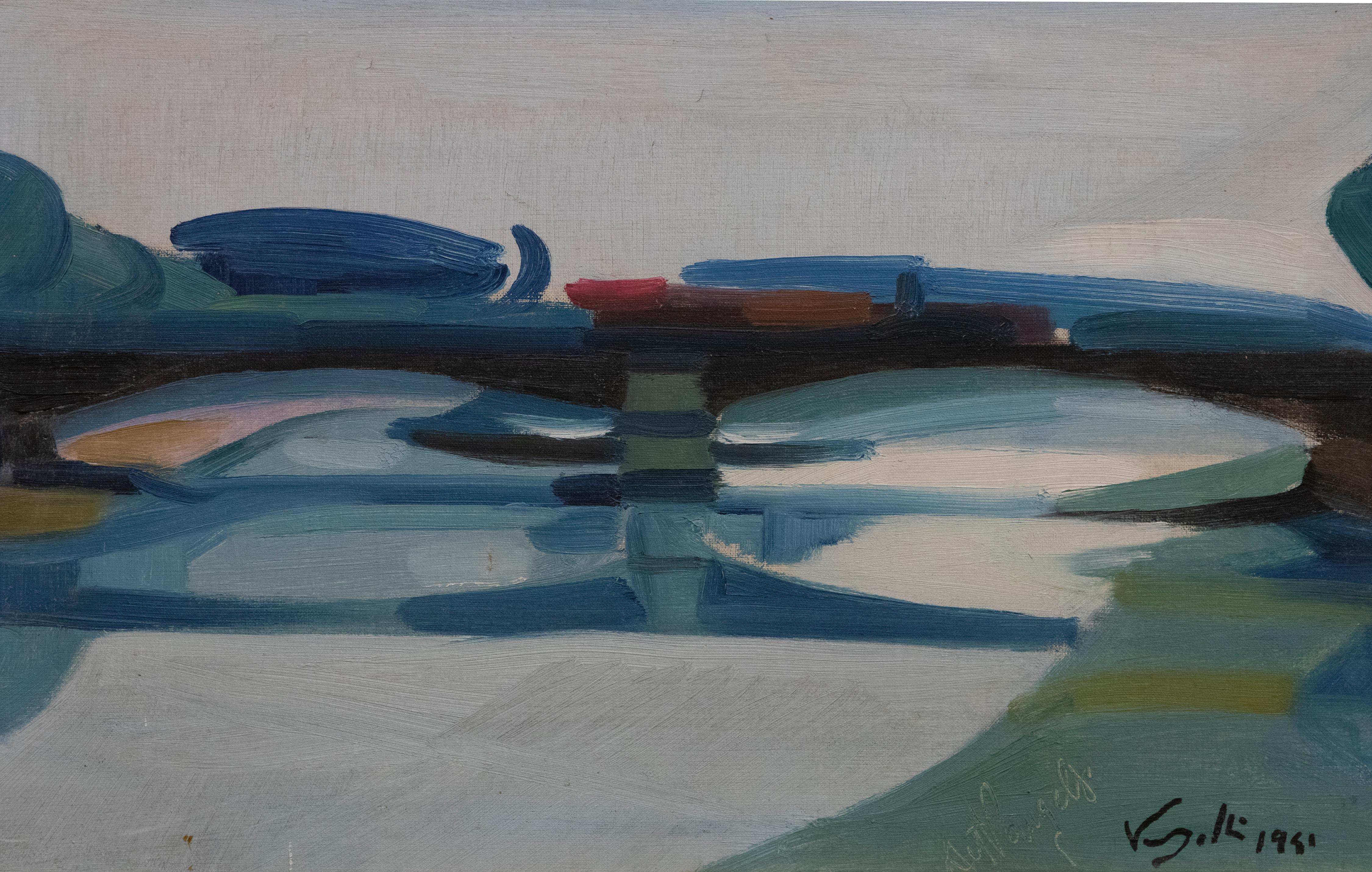 Puente Garibaldi, Roma - Óleo sobre lienzo de A. Vangelli - 1941 - Painting de Antonio Vangelli