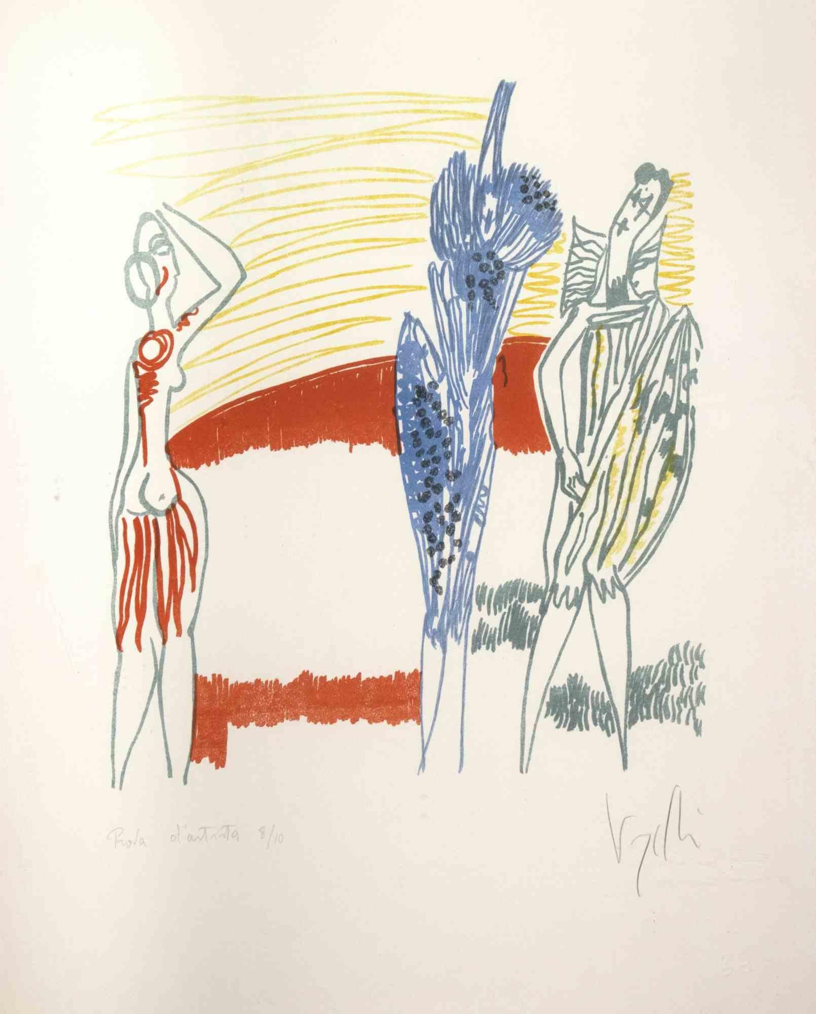 Three Colored Figures - Original Lithograph by Antonio Vangelli - 1970s