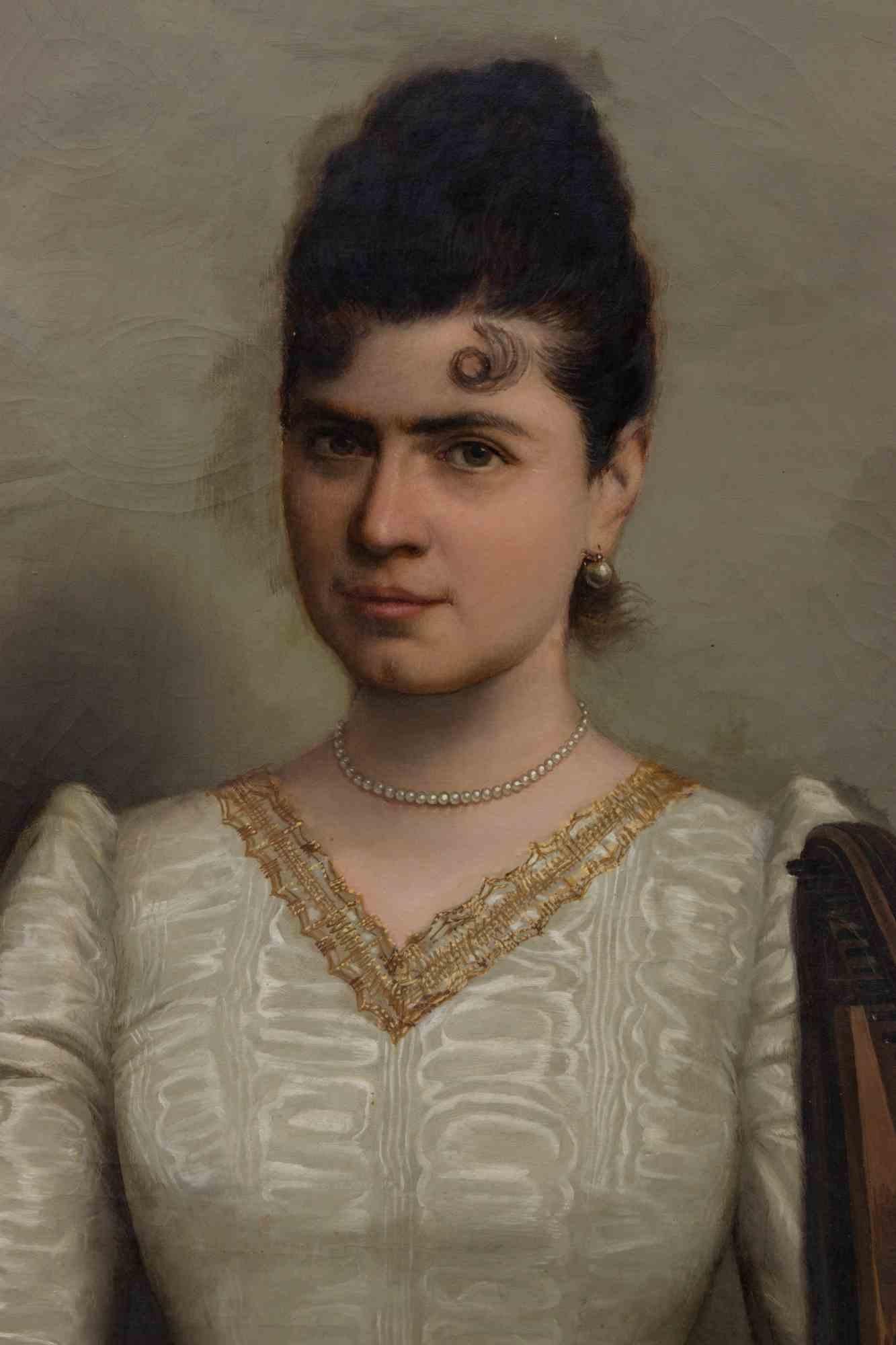 Portrait of Noblewoman with Harp - Painting by A. Varucca - 1891 - Brown Figurative Painting by Antonio Varucca