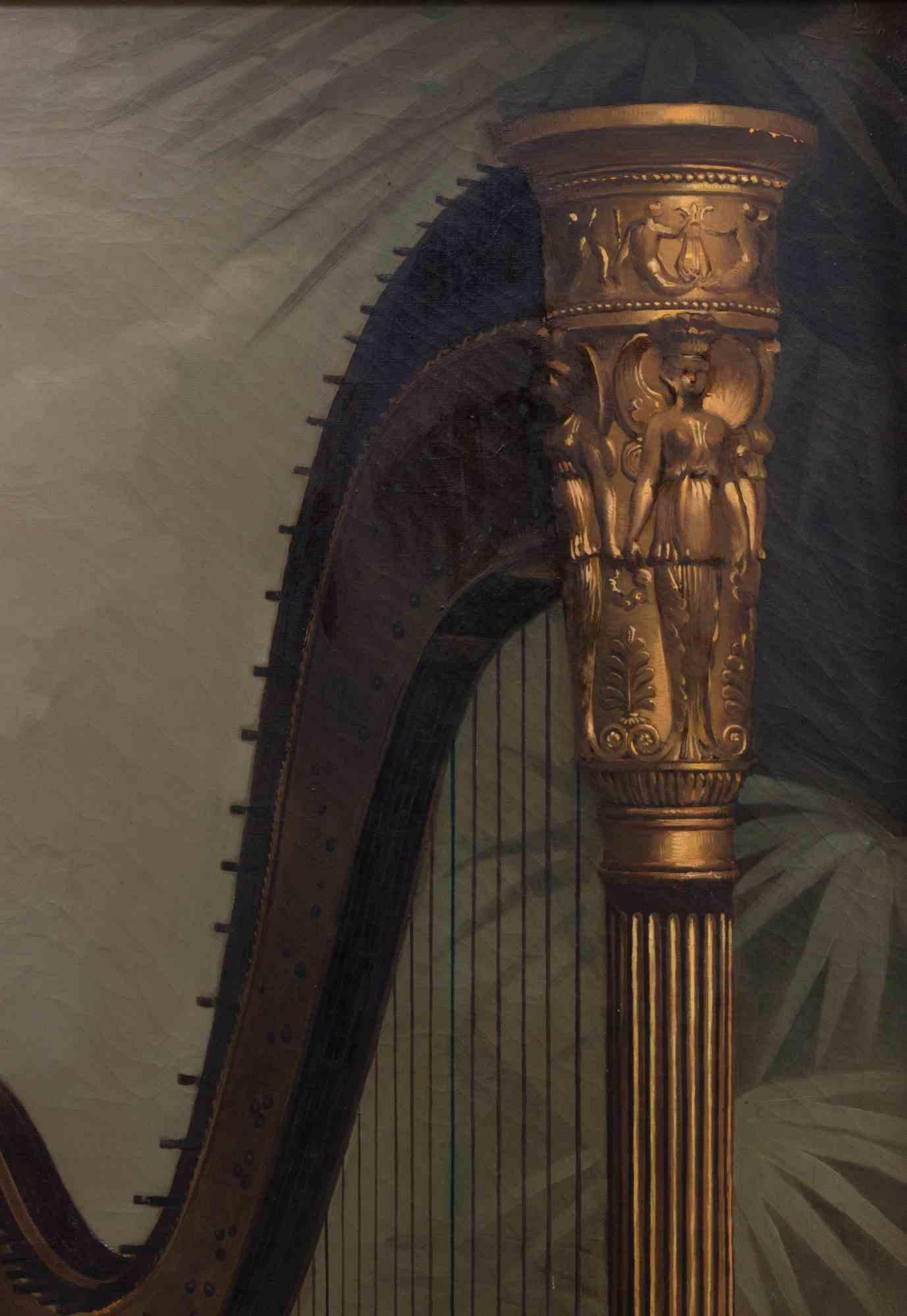 Outstanding, big painting, realized by A. Varucca in 1891. Oil on canvas.

it depicts a noblewoman in evening dress with a beautiful harp and a fan. 

The style recalls the classical portraiture of the second half of the 19th century, but the
