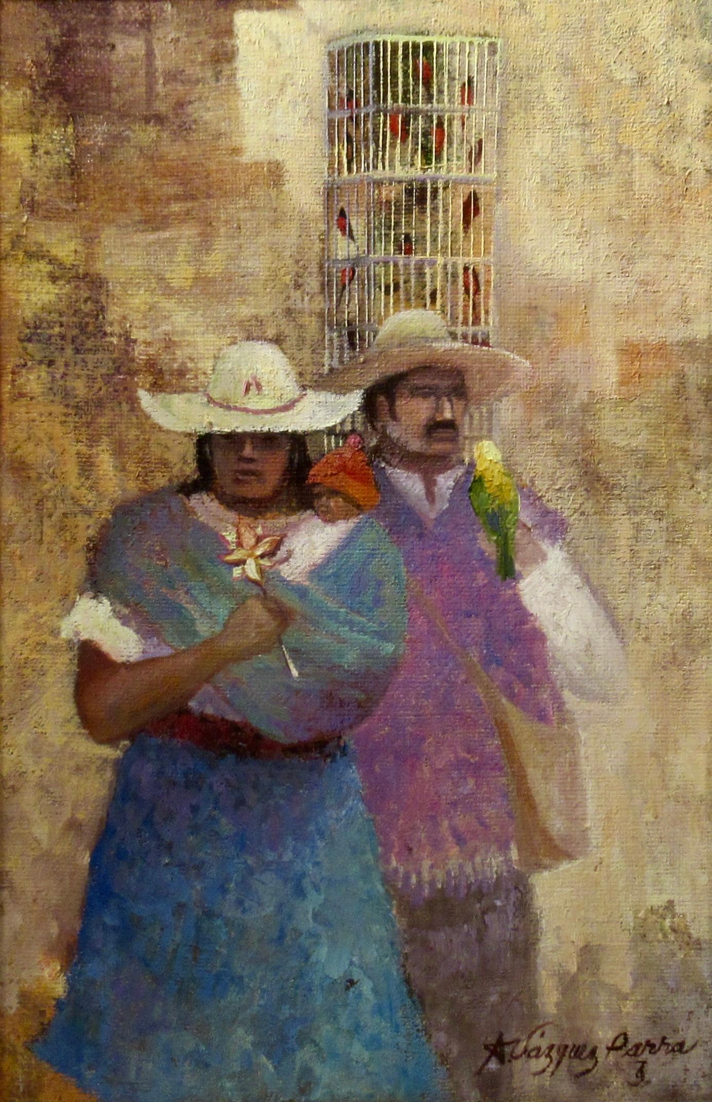Mexican Couple with Baby and Birds Cage - Painting by Antonio Vasquez Parra