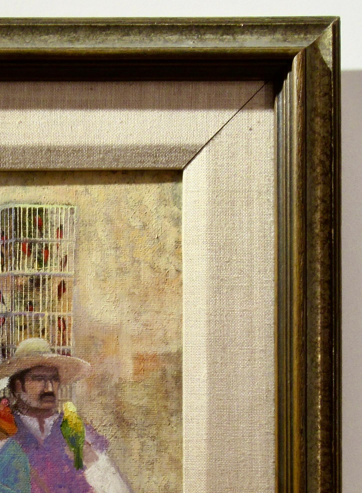 Mexican Couple with Baby and Birds Cage - Impressionist Painting by Antonio Vasquez Parra