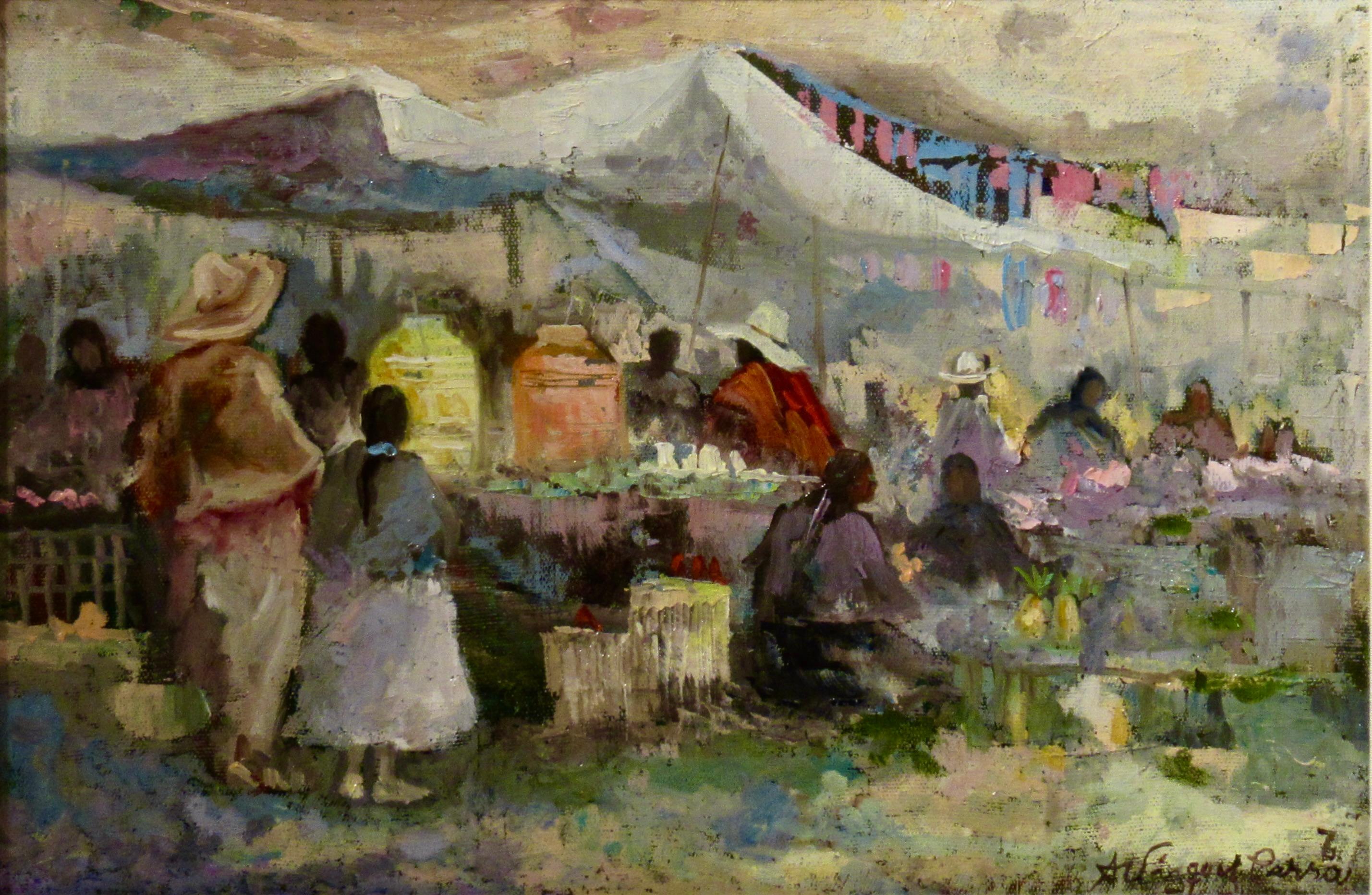 Mexican Market with Couple - Painting by Antonio Vasquez Parra