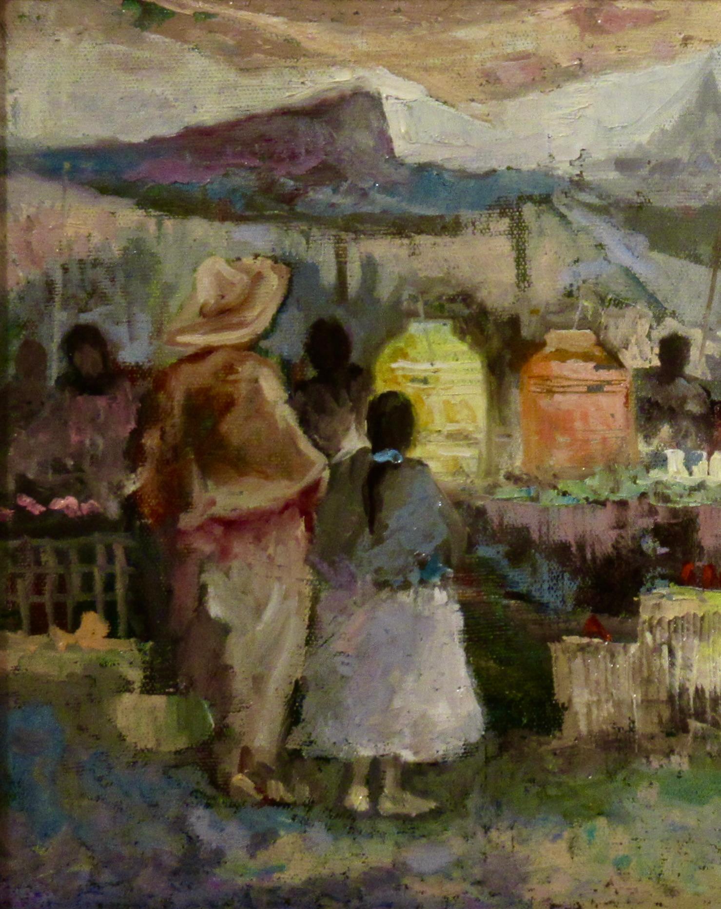 Mexican Market with Couple - Impressionist Painting by Antonio Vasquez Parra