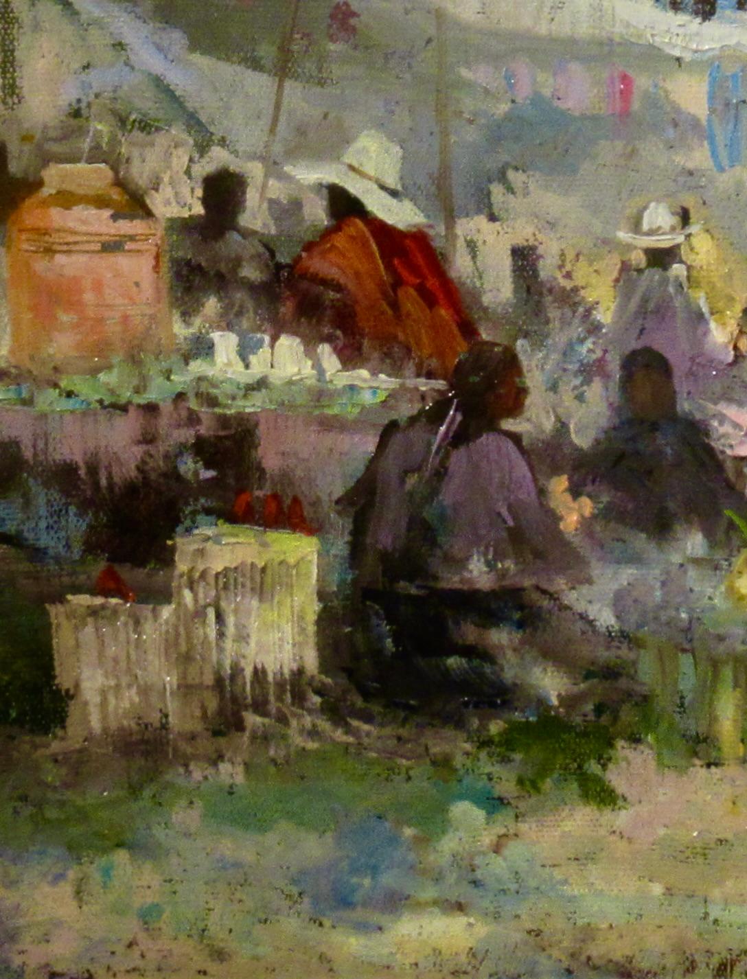 Mexican Market with Couple - Brown Landscape Painting by Antonio Vasquez Parra