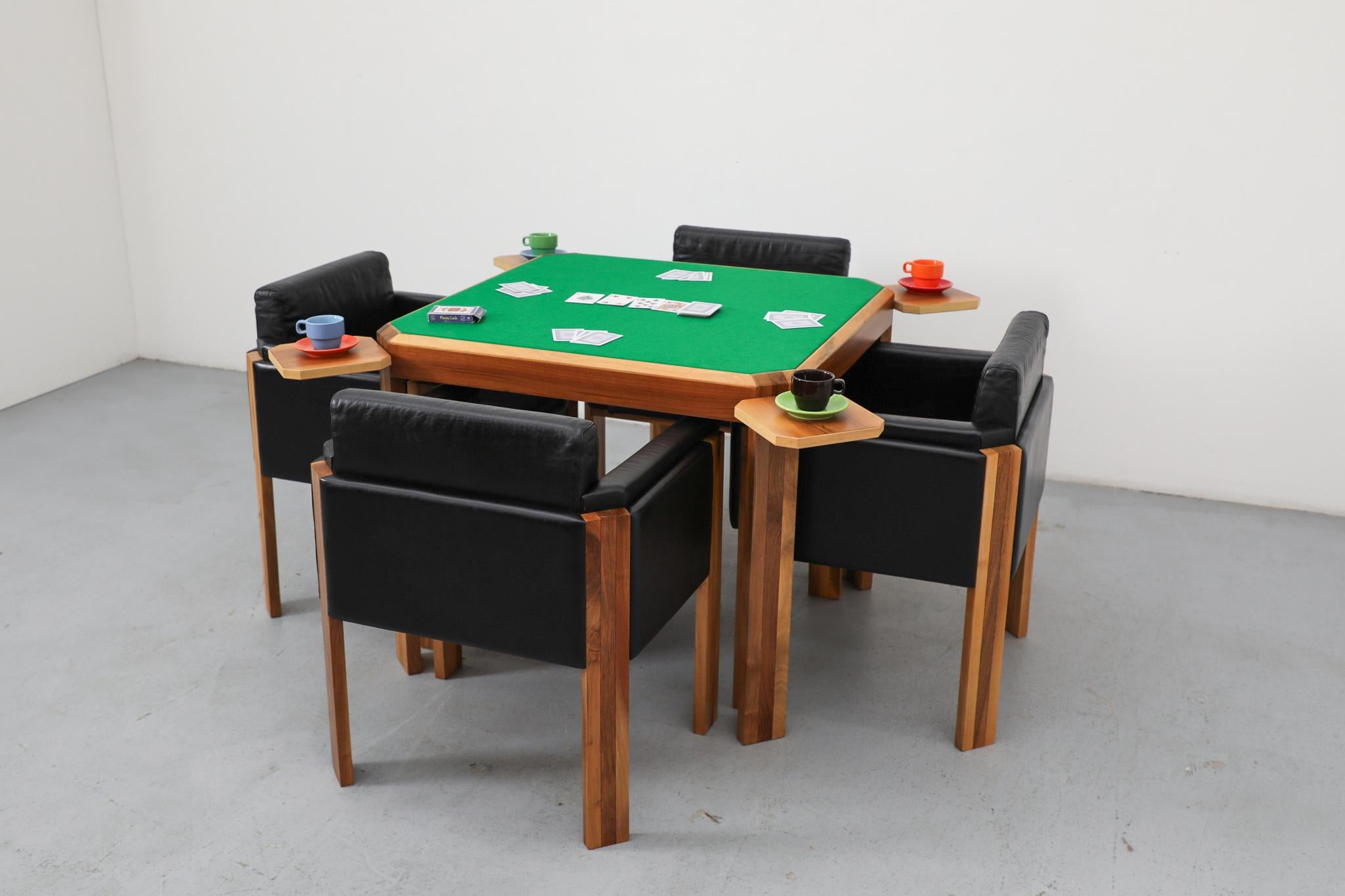 Cet ensemble table de jeu et chaise pour quatre personnes, exceptionnel et plein d'entrain, a été conçu par Antonio Virgilio pour le célèbre fabricant italien Bernini. Il s'agit d'un exercice de fonction postmoderne ludique datant des années 1980.