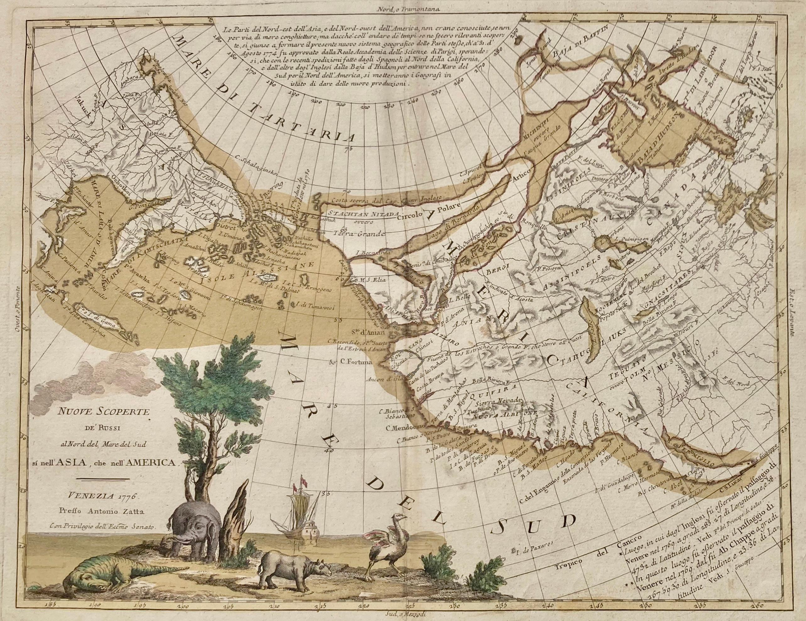
ANTONIO ZATTA  (c.. 17.22 - 1802)
NUOVE SCOPERTE de' RUSSE al nord del mare del sud si nell' ASIA, che nell' AMERICA
(Wagner 654. Armstrong, From Sea Unto Sea, 32. Falk, Alaskan Maps, 1776-2. Kershaw Vol. IV 1223 & Plate 962). Engraving with early