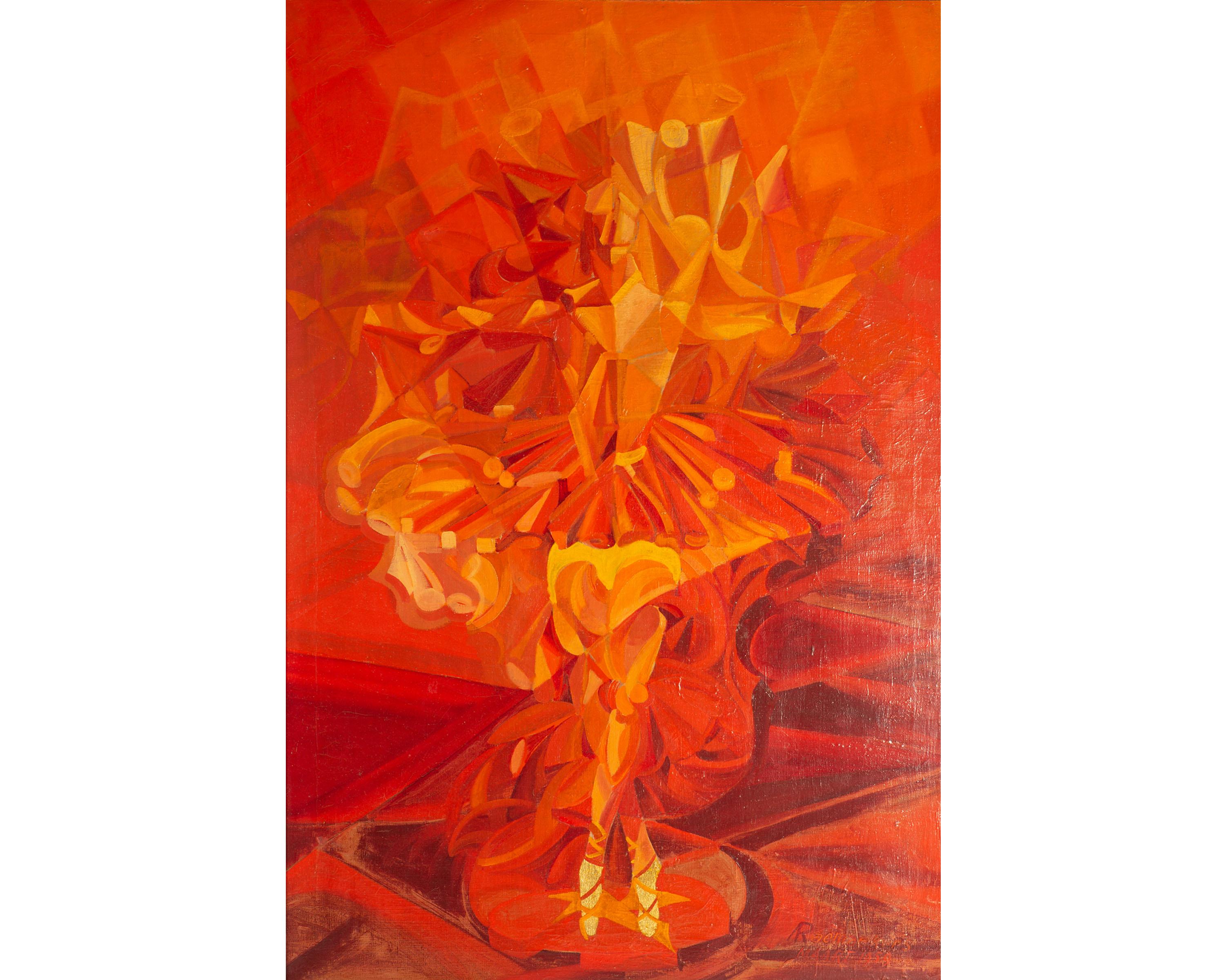 A 1959 signed oil on canvas painting of a ballerina by Dutch artist Antonius Raemaekers (1903-1997). Signed to the lower right, this Cubist painting features a poised ballerina depicted in red and yellow. While her toe shoes appear stationary, there