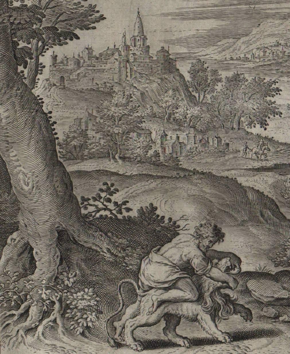 The Story of Samson - 1643 Set of 7 Plates - Old Master Engraving Landscape - Gray Figurative Print by Antonius Wierix