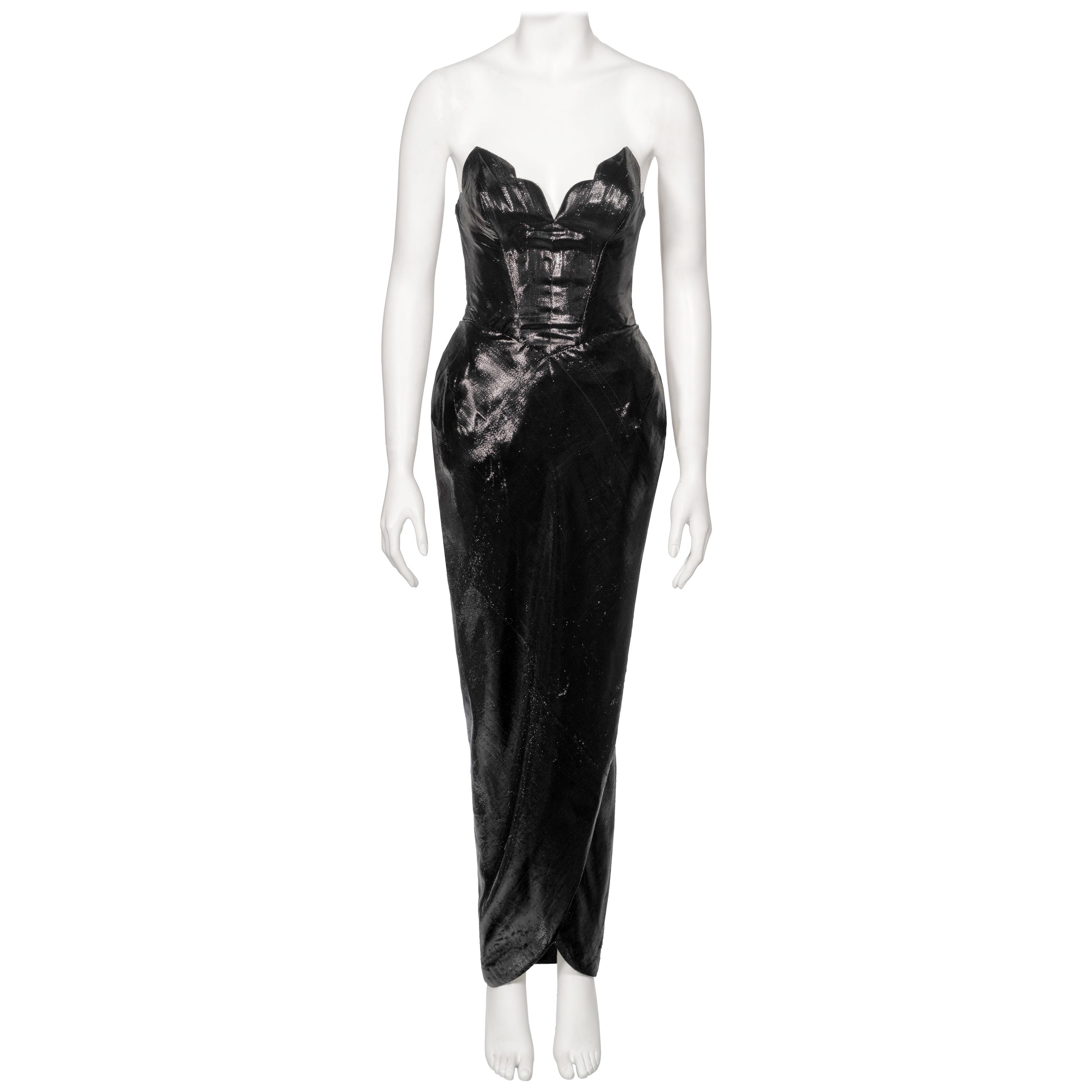 Antony Price Black High-Shine Strapless Dress with Sculpted Neckline, SS 1981