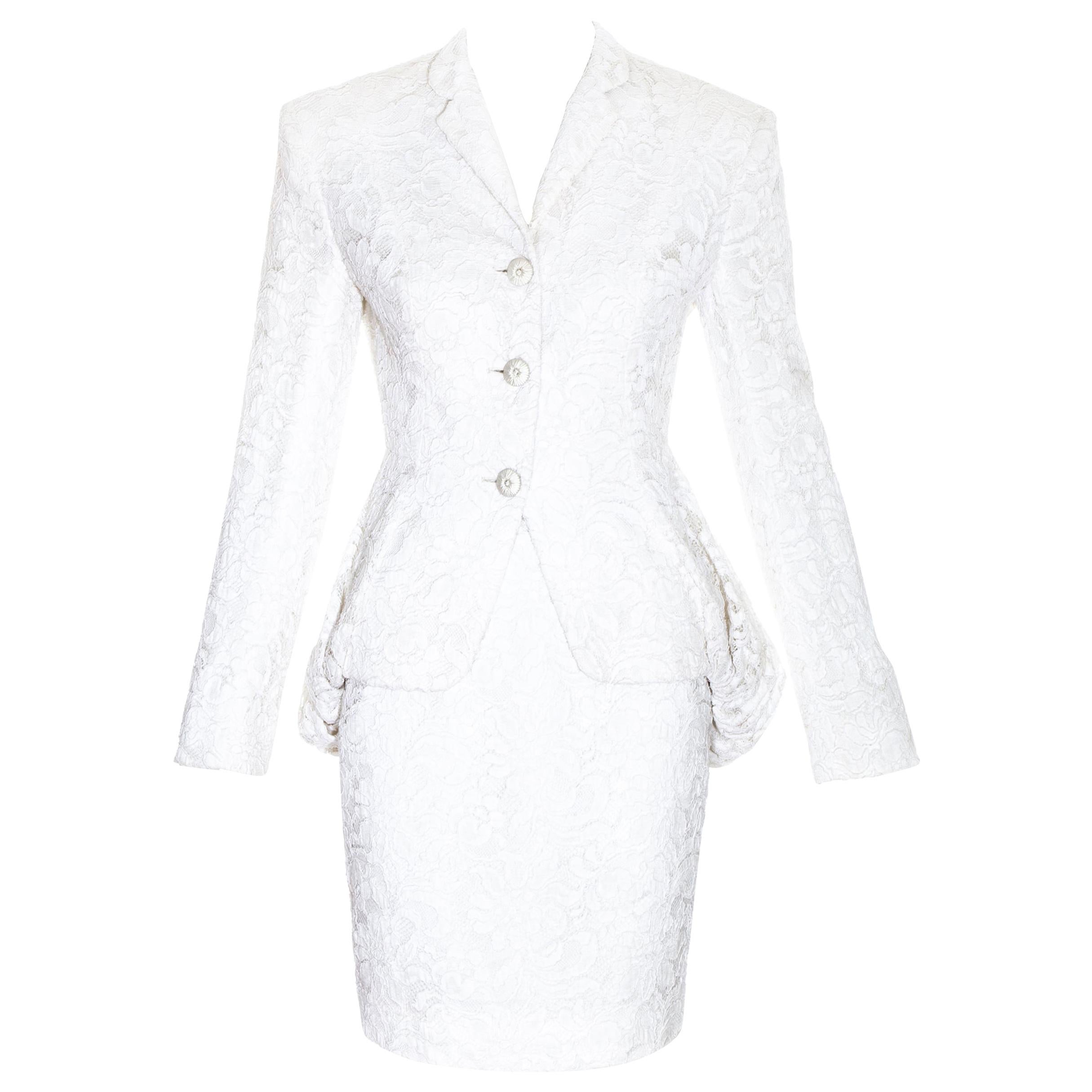 Antony Price white lace bustled skirt suit, ss 1989 For Sale