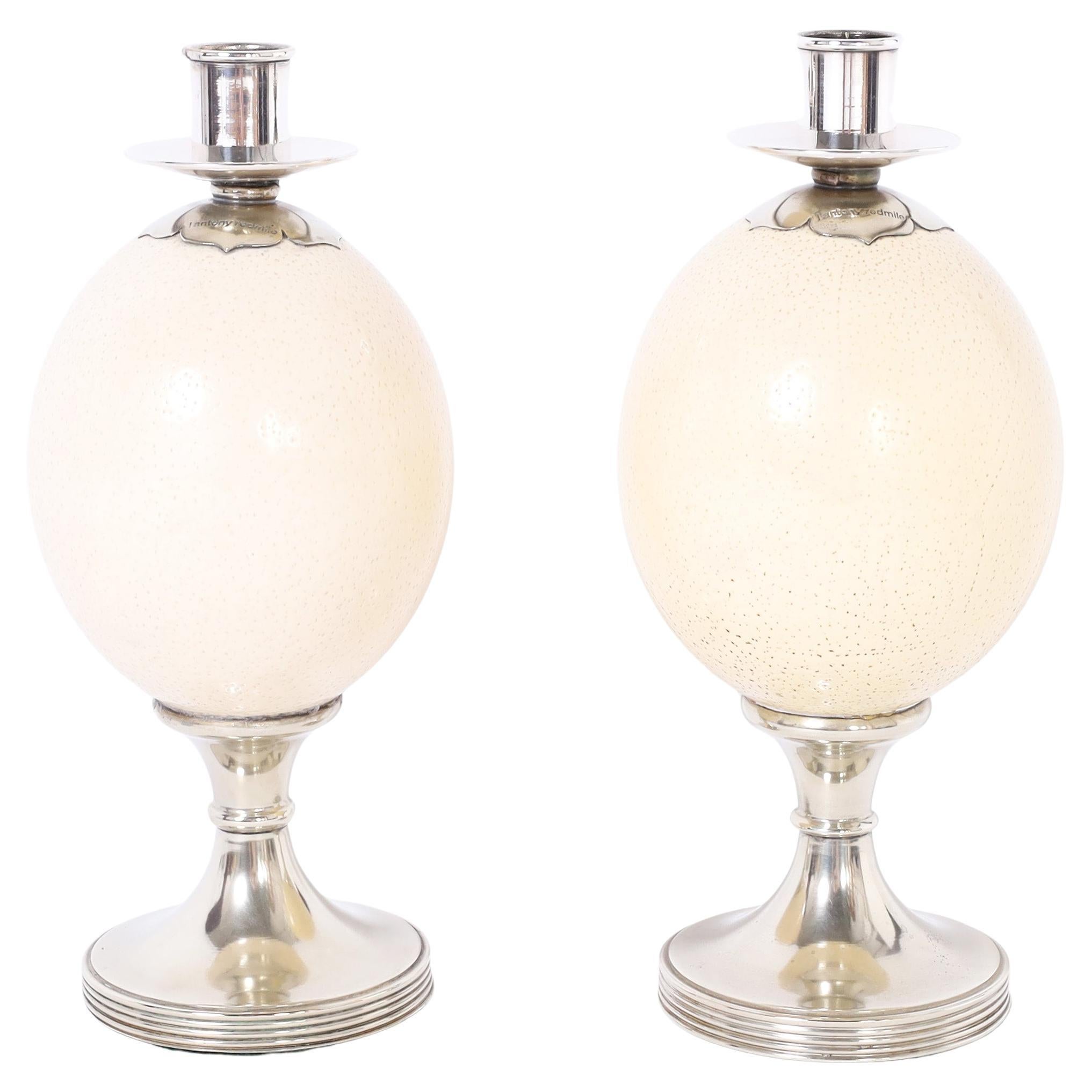 Antony Redmile Pair of Ostrich Egg Candlesticks For Sale