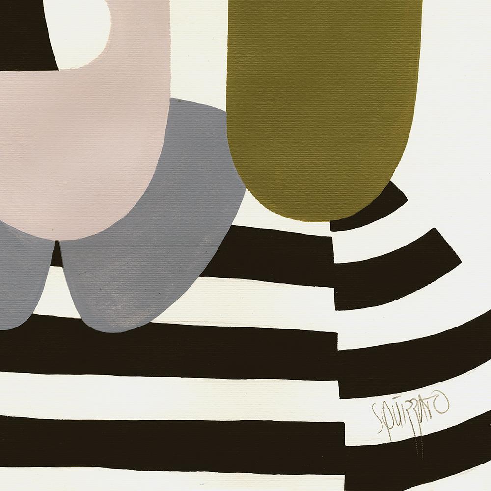 Bla Bla Bla by Antony Squizzato is an expressive abstract composition on paper created with acrylic. The artwork measures 27.6 x 19.7 inches and features a stylized figure rendered in olive green, blue, black, and soft pink tones. Bold black lines