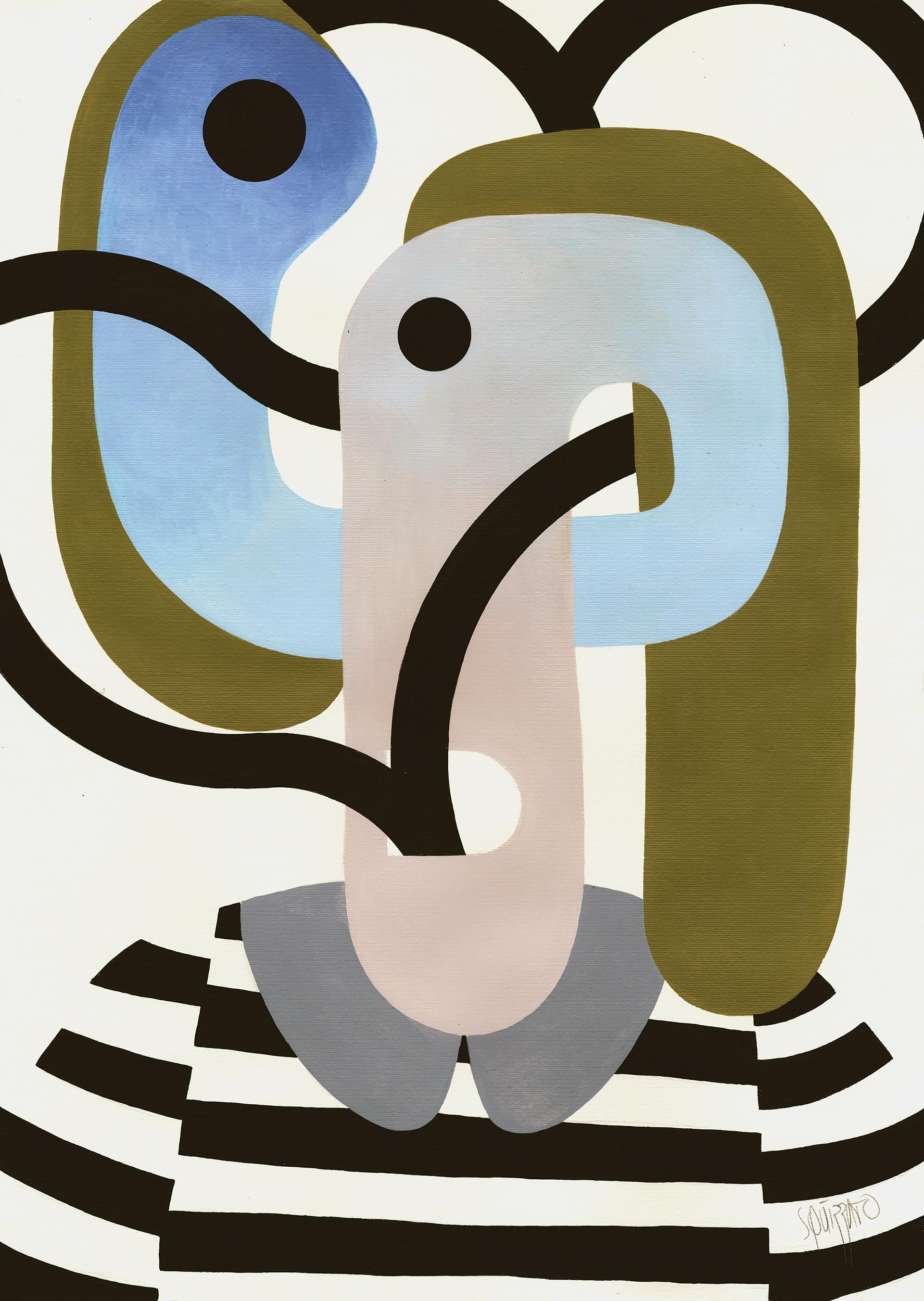 Antony Squizzato Portrait Painting - "Blah, Blah Blah", Vintage Style Neue Constructivist Abstract Acrylic Painting