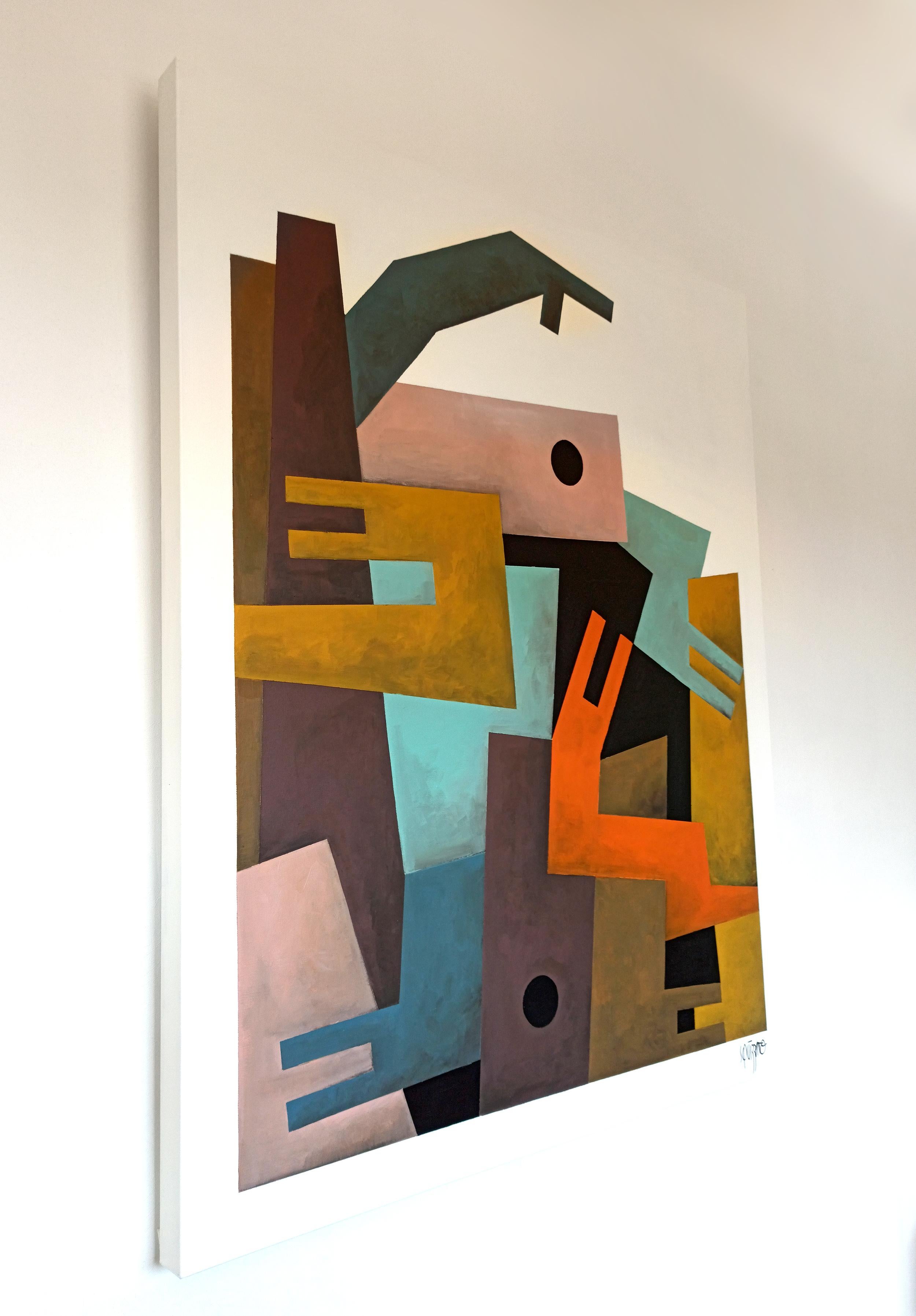Crawlers by Antony Squizzato is an abstract geometric painting featuring bold color blocks and angular forms. Created with acrylic on canvas, this contemporary artwork measures 47.2 x 39.4 inches (120 x 100 cm). The composition showcases a