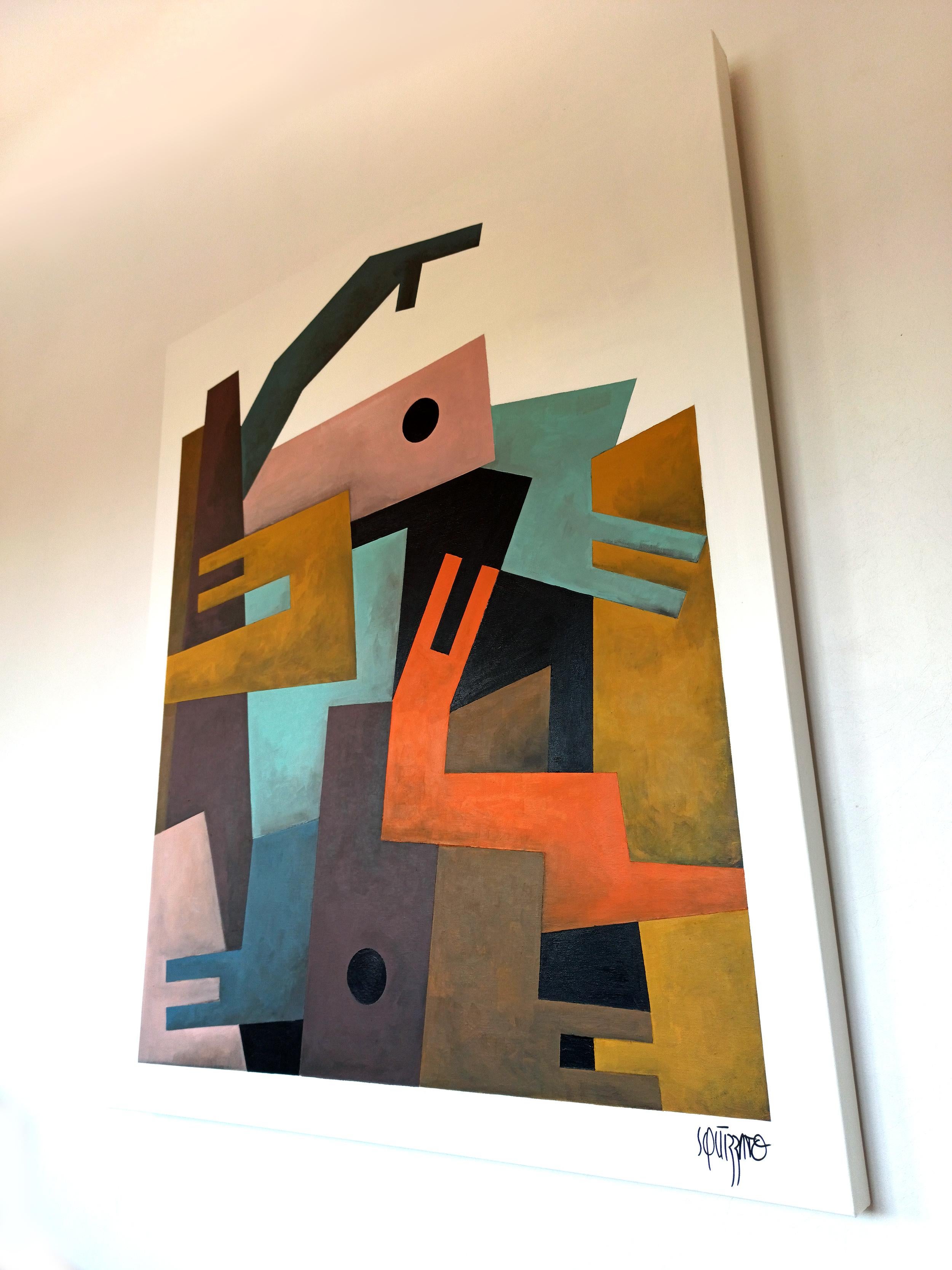« Crawlers », peinture acrylique semi-abstraite constructiviste Neue - Beige Portrait Painting par Antony Squizzato