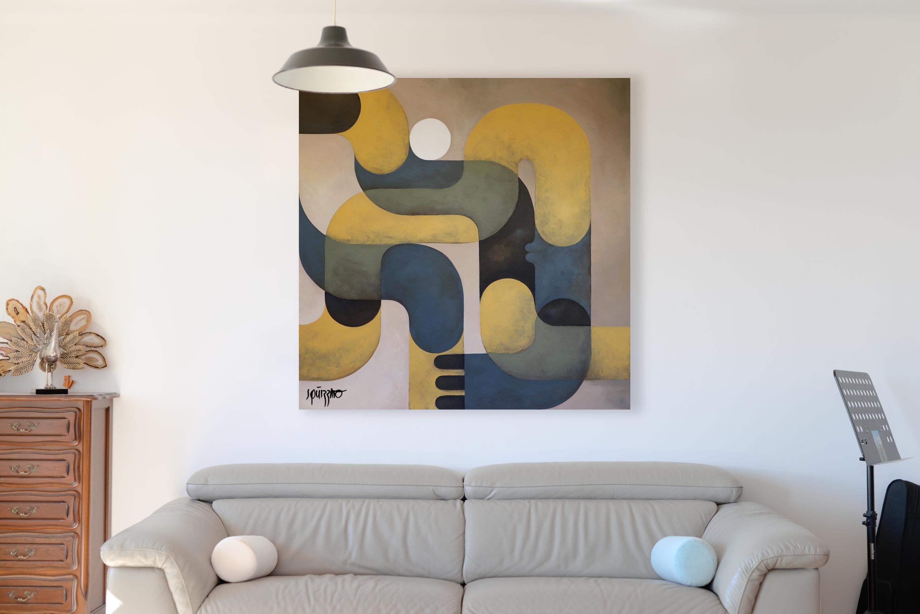 Extreme Yoga by Antony Squizzato is a captivating abstract painting featuring flowing geometric shapes in a harmonious color palette of yellow, blue, and gray. This contemporary artwork measures 47.2 x 47.2 inches (120 x 120 cm) and is created using