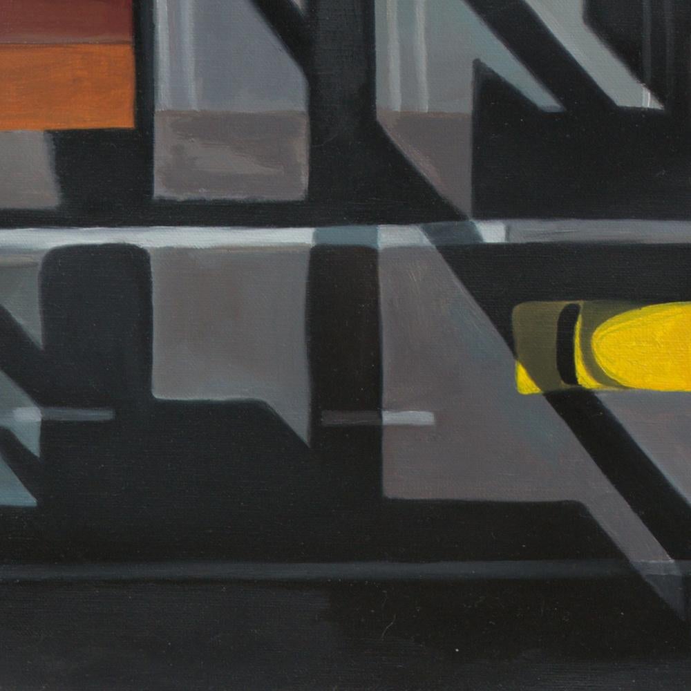 Questo dipinto a olio unico è un pezzo di una rara serie di vedute del cielo di Antony Squizzato.  Il concetto di questa serie è come un'immagine 2D possa trasmettere informazioni su una terza dimensione.  Quest'opera d'arte raffigura dei container