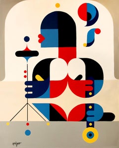 "One Man Jazzband", Neue Constructivist Semi-Abstract Musician Acrylic Painting