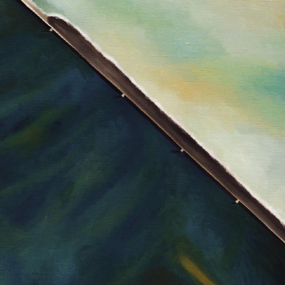 « Port of Dunkerque », peinture à l'huile d'une vue en ciel d'un navire traversant des eaux brisées - Gris Landscape Painting par Antony Squizzato